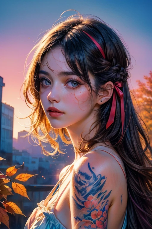 (8k, best quality, masterpiece:1.2),(best quality:1.0), (ultra highres:1.0), watercolor, a beautiful woman, shoulder, hair ribbons, by agnes cecile, half body portrait, extremely luminous bright design, pastel colors, (ink:1.3), autumn lights