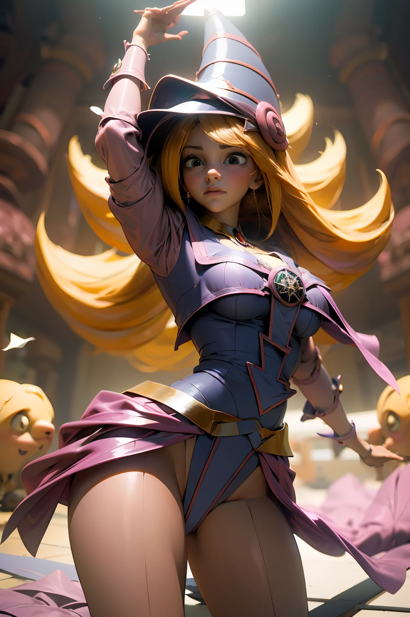 (Obra maestra:1.2), (La mejor calidad:1.2), perfect lighting, Chica Maga Oscura lanzando un hechizo, flotando en el aire, tetas grandes, escote, fondo de magia. Corazones transparente en el hambiente, bata azul, sombrero grande, desde arriba, Destellos, Yugioh Card en el fondo