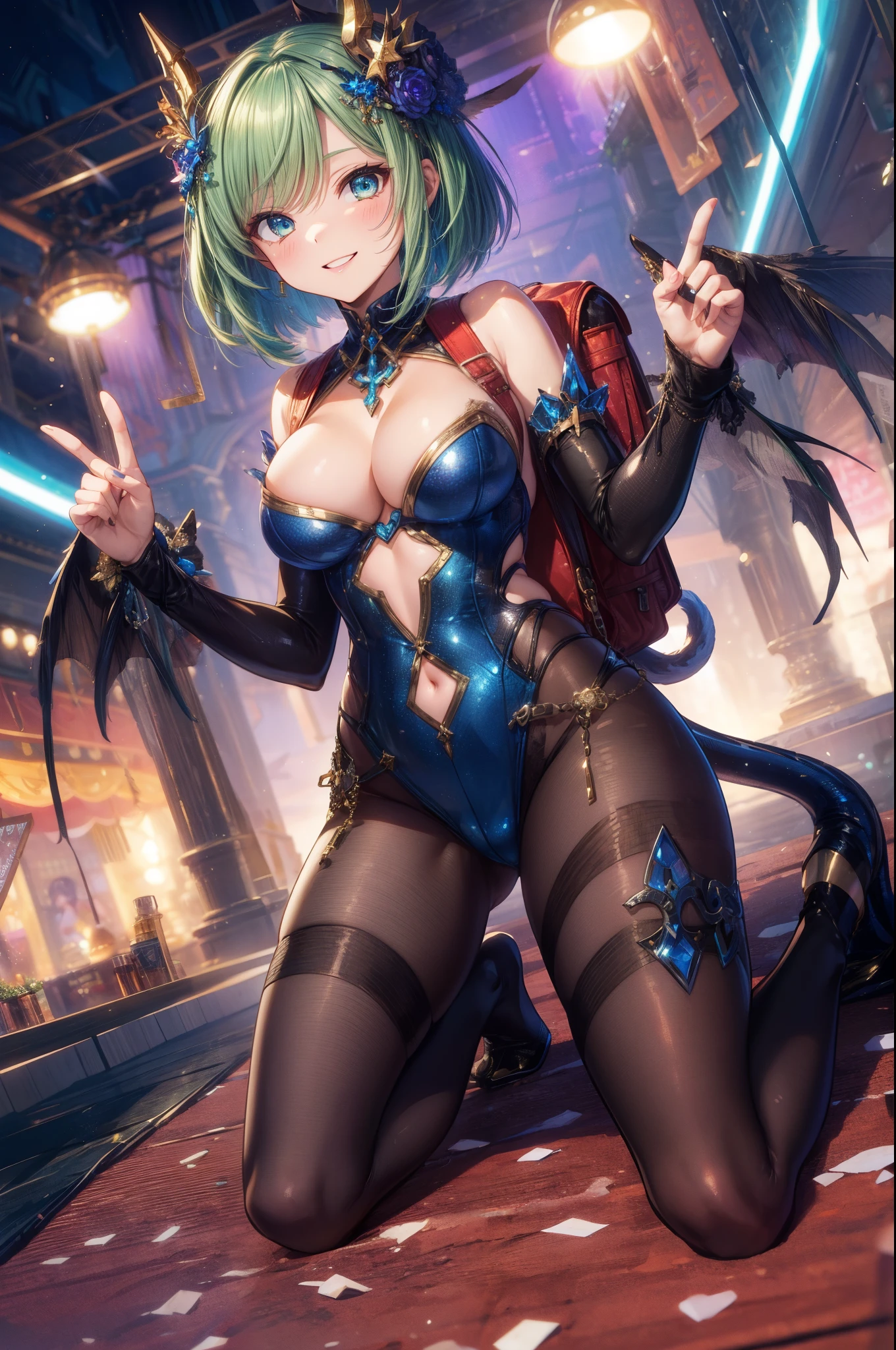 deltamon, backpack, tail, break, short hair, ((green hair1.5)), bob cut, 4 defined fingers, 1 defined thumb, (looking at viewer), break, sexy, ((solo)), (1 woman), ((25 years old)), ((highest quality)), ((masterpiece)), (familiar), skindentation, perfect face, 8k , (cowboy shot), break,((metallic costume)), break, blue eye, beautiful princess, evil smile, medium breasts, perfect limbs, (visible nipples:0.7), (camel toe:0.5), sexy, (kneeling), breast grab, (dutch angle), from below,