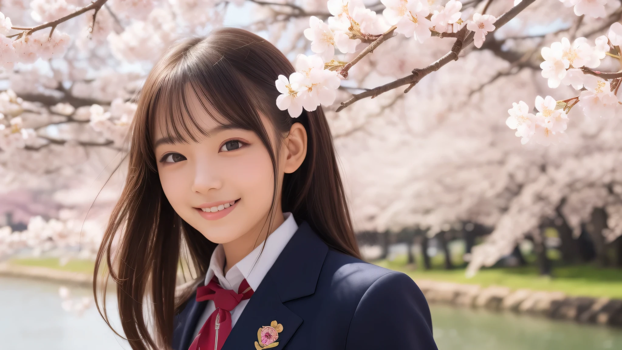 ponytail, (1 girl), (big round eyes), cute smile, brown eyes, (high school uniform:1.2), (highest quality: 1.4), (Super detailed), (highest quality:1.4), (Super detailed), evening, very high resolution, (Upper body), close up face, school anime, anime illustration, Cherry tree, (garden, River side), Hair fluttering in the spring breeze, Cherry blossom trees, Cherry tree in full bloom,