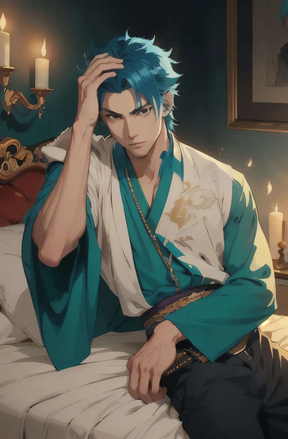 anime - style image of a man with blue hair sitting on a bed, handsome guy in demon slayer art, anime handsome man, ((wearing aristocrat robe)), anime portrait of a handsome man, handsome anime pose, shigenori soejima illustration, taisho roman, masamune shiro, male anime character, kentaro miura art style, with teal clothes