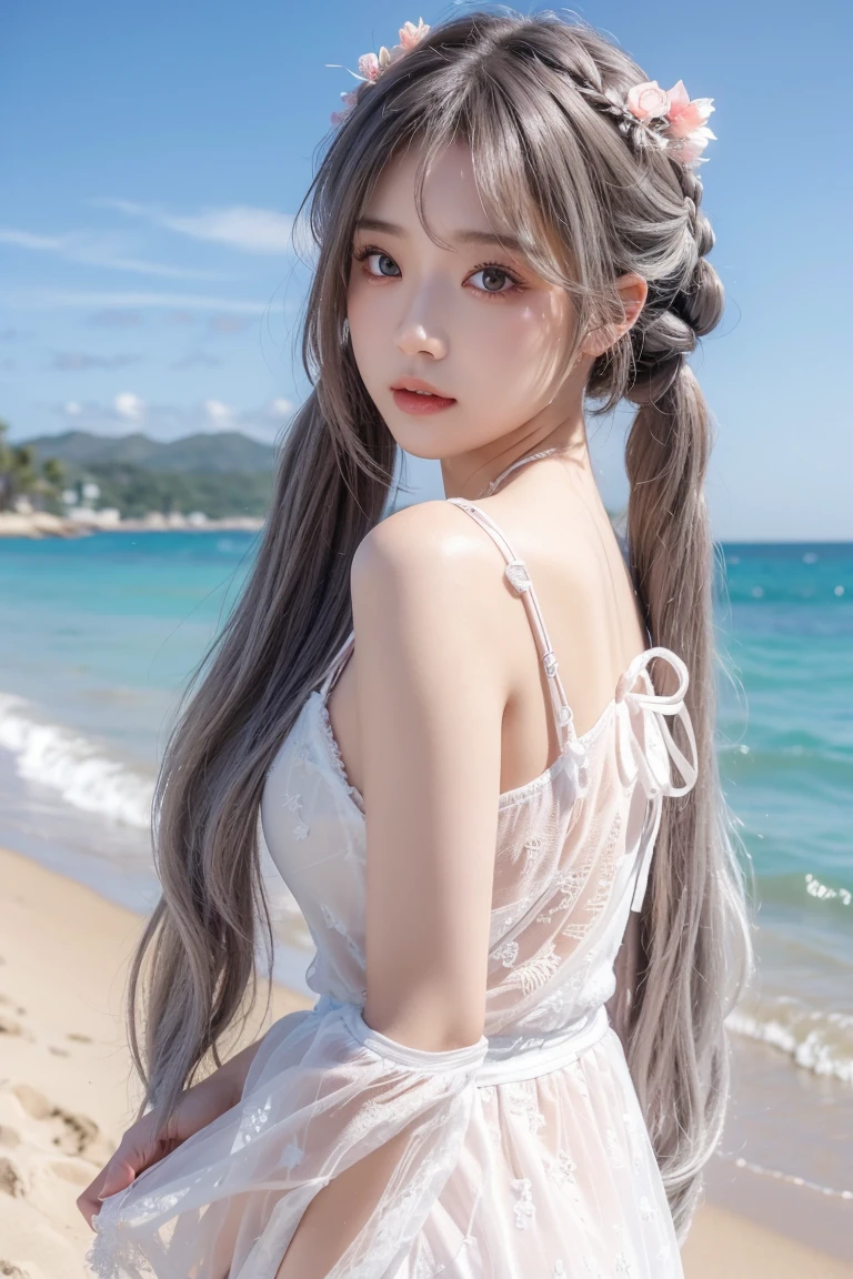 masterpiece, High resolution, highest quality, very detailed, pink eyes, Beautiful woman, white lace dress,beach,long hair、gray hair、twin tails