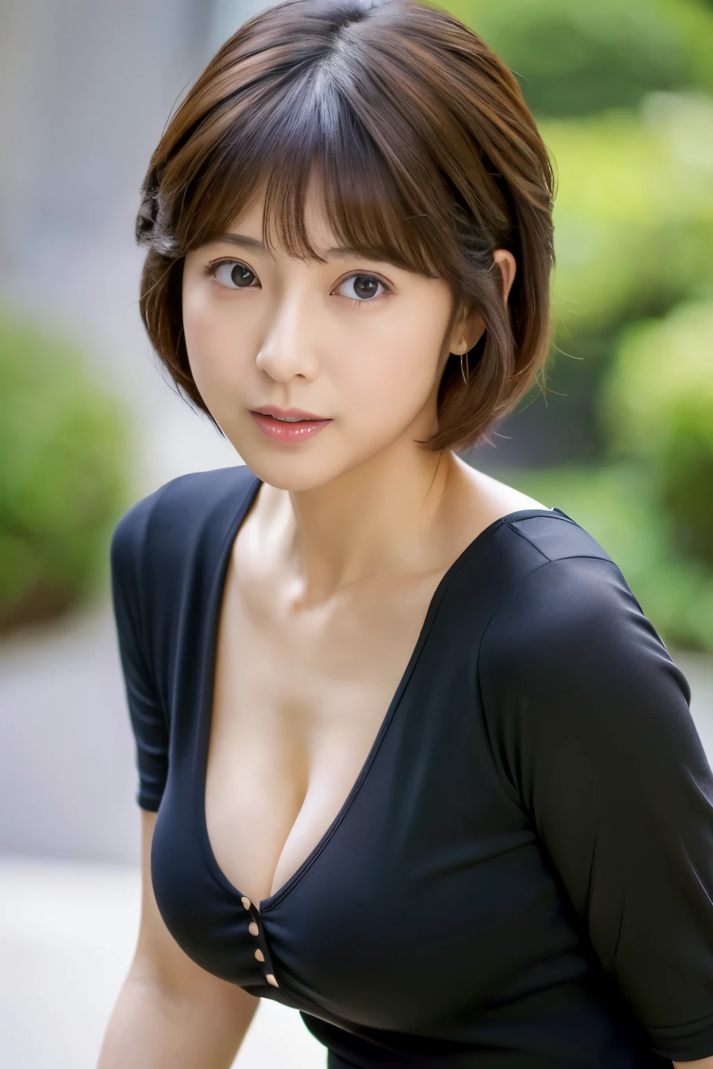 (Highly realistic photos, High resolution, detailed face, fine eyes) thin japanese woman,30-year-old, cute face, various expressions,pixie cut, lean body shape, big breasts, very thin waist, wearing tight clothes, emphasize the chest, hide both hands、cleavage、blonde、show one's side、heavy makeup、