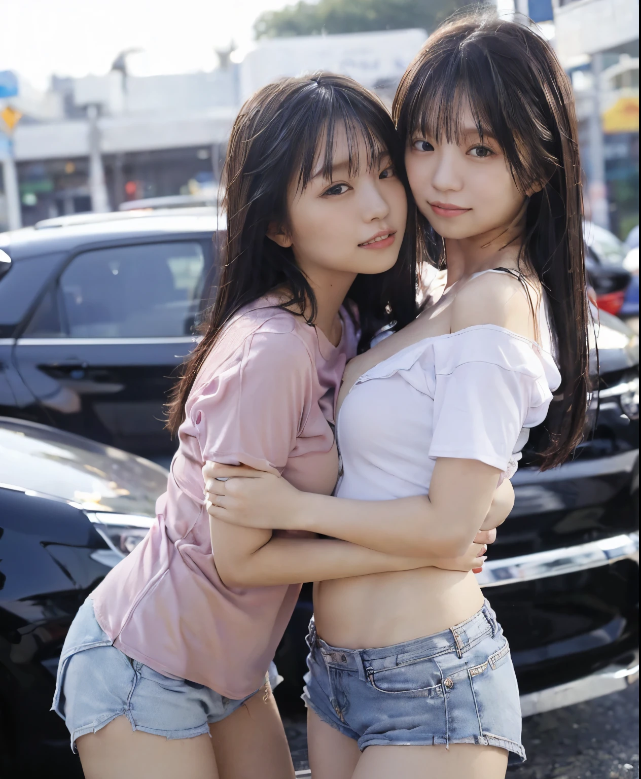 Identical twin sisters hugging、((Day, highest quality, 8K, masterpiece:1.3, realistic)), whole body, long legs:1.2, sharp focus:1.2, beautiful woman with perfect figure, thin abs, ((1 girl, long dark brown hair, medium breasts)), ((Loose thin T-shirt, shorts, Are standing:1.2, byroad, Background of congested traffic)), (dynamic pose:1.2, soft lighting, view audience, side view, Snazzy), single shot, Highly detailed face and skin texture, fine eyes, double eyelid, (characters play), (smile), Seductive random pose, (close up camera view)