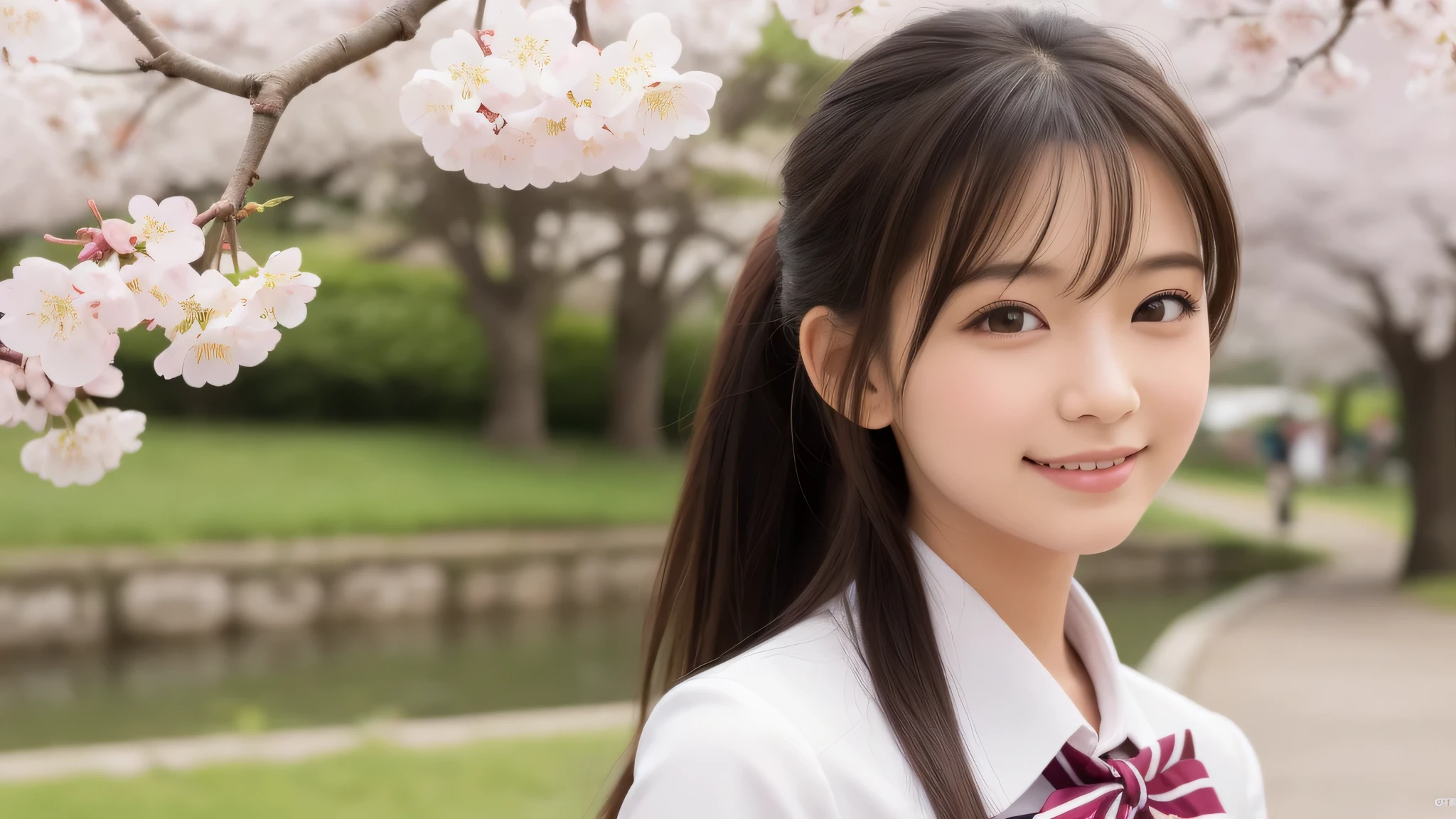 ponytail, (1 girl), (big round eyes), cute smile, brown eyes, (high school uniform:1.2), (highest quality: 1.4), (Super detailed), (highest quality:1.4), (Super detailed), evening, very high resolution, (Upper body), close up face, school anime, anime illustration, Cherry tree, (garden, River side), Hair fluttering in the spring breeze, Cherry blossom trees, Cherry tree in full bloom,