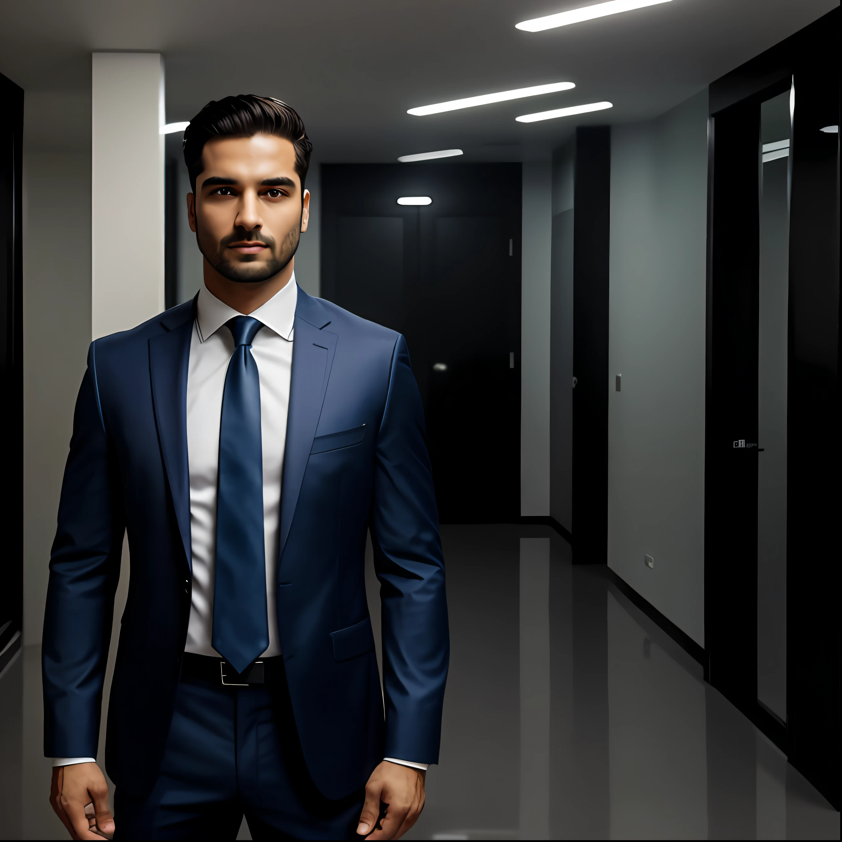 a swarthy man standing with 30 years in a suit and tie, Body and straight head in the photo, DSRL, de frente para o espectador da foto, olhos fitos para a lente, Appears shoulders and head in the photo, homem centralizado na foto, 8k, melhor qualidade, obra prima, realista, foto realista, foto de cinema, ultra realista, 1 pessoa, detalhado, perfect lighting, DSRL, foto profissional, 4k