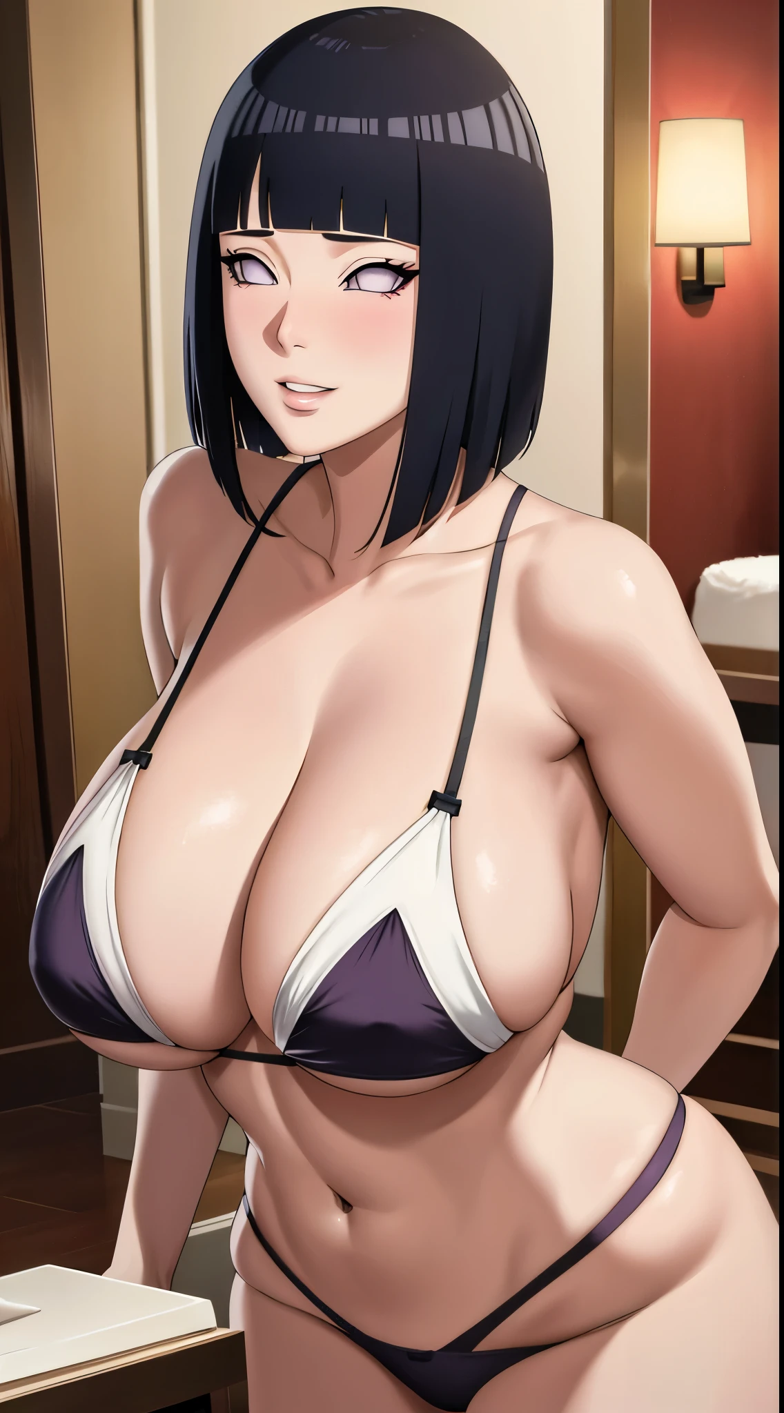 masterpiece, absurdres, busty slut. milf, \hinata\(boruto\), 1girl, solo,mature female, string bra, huge ass, in hotel, showing her ass, perfect composition, detailed lips, huge breast, cleavage, beautiful face, body propotion, blush, (pink lips), short hair, purple eyes, soft gaze, sad smile, super realistic, detailed, photoshoot, realistic face and body, realistic hair, realistic eyes, realistic nose, realistic lips, realistic thicc thigh, black hair, detailed eyes, massive breast. Gangbang