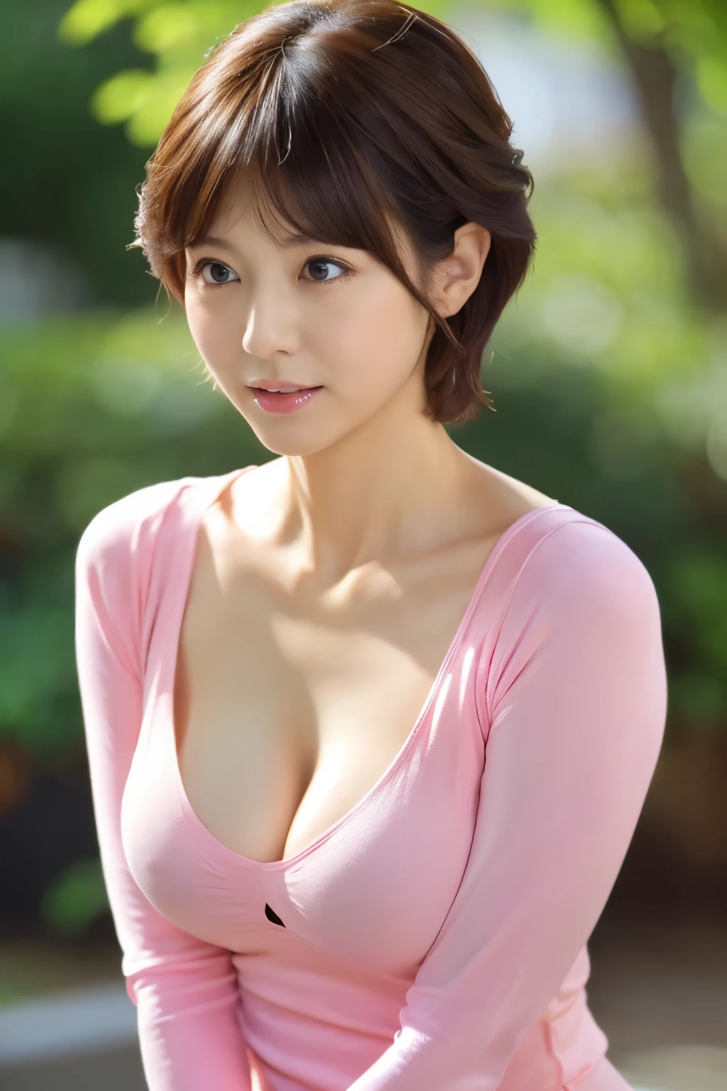 (Highly realistic photos, High resolution, detailed face, fine eyes) thin japanese woman,30-year-old, cute face, various expressions,pixie cut, lean body shape, big breasts, very thin waist, wearing tight clothes, emphasize the chest, hide both hands、cleavage、blonde、show one&#39;s side、heavy makeup、