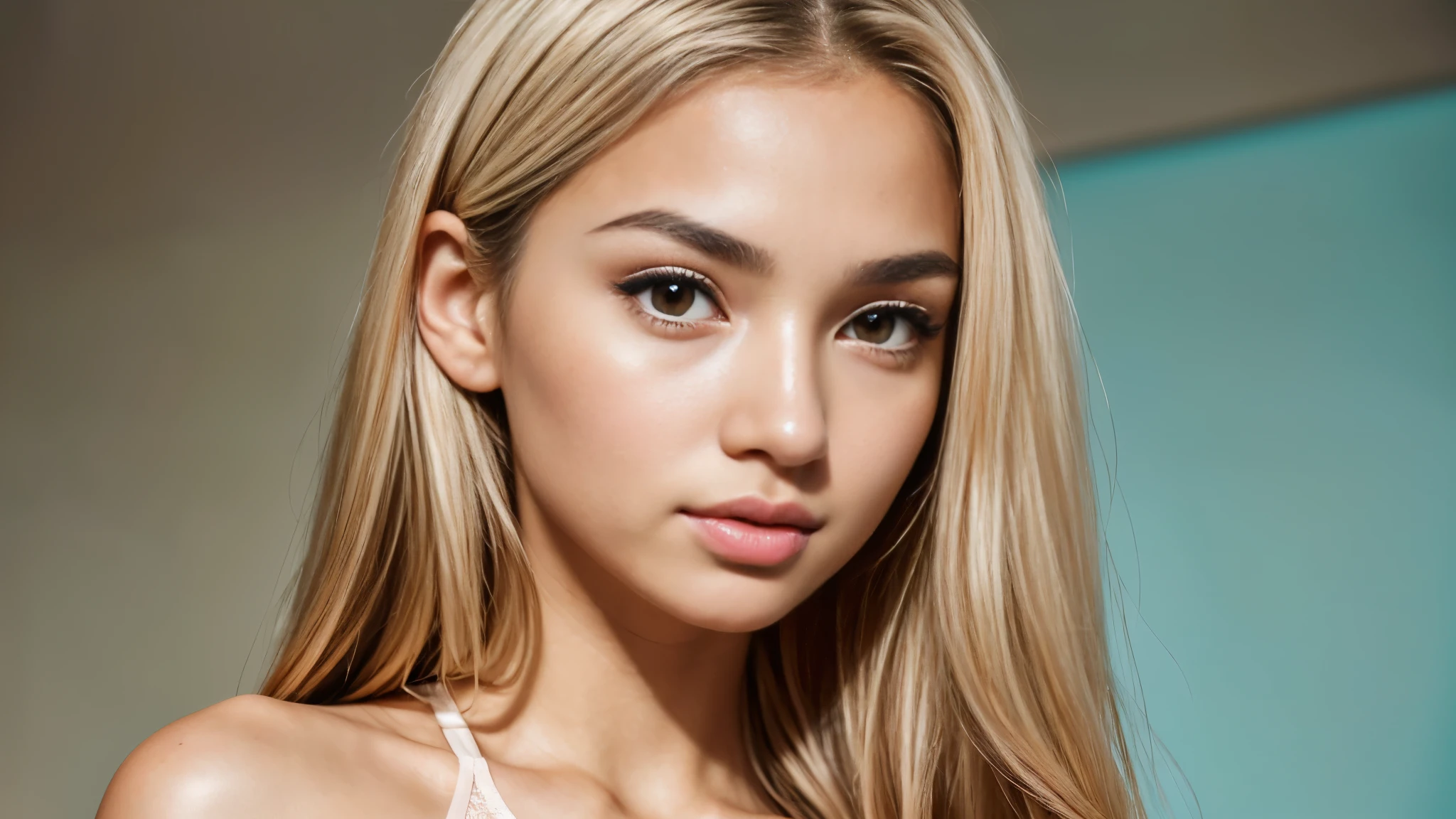 Masterpiece, realistic, highly detailed, best quality, (looking_at_viewer, young feminine 25 years woman, symmetric_face, very_cute_round_face_shape, short_face, small_face, young_face, big_breasts, short_body:1, rounded_chin+jaw, small_jaw, short_jaw, very_cute+very_feminine young_girl, tanned_skin, long_straight_hair, (light_blonde_hair), very_thin_eyebrows, very_thin_brows, round_thin_brows, round_thin_eyebrows, (brown_eyes), big_eyes:0.3, large_eyes:1.3, round_eyes:0.6, symmetric_eyes, mascara:0.8, makeup:1, slim_nose:1, feminine_prominent_cheekbones:1.2, slim_greek_nose, rounded_nose:1, thin_nose:1, thin_nostrils:1, thin_nose_bridge:0.5, thin_nose_tip:1, small_nose_tip:1, feminine_pink_lips, sensual_flirting_expression, wearing_turquoise_lingerie, white_backdrop),(big breasts:1.3)