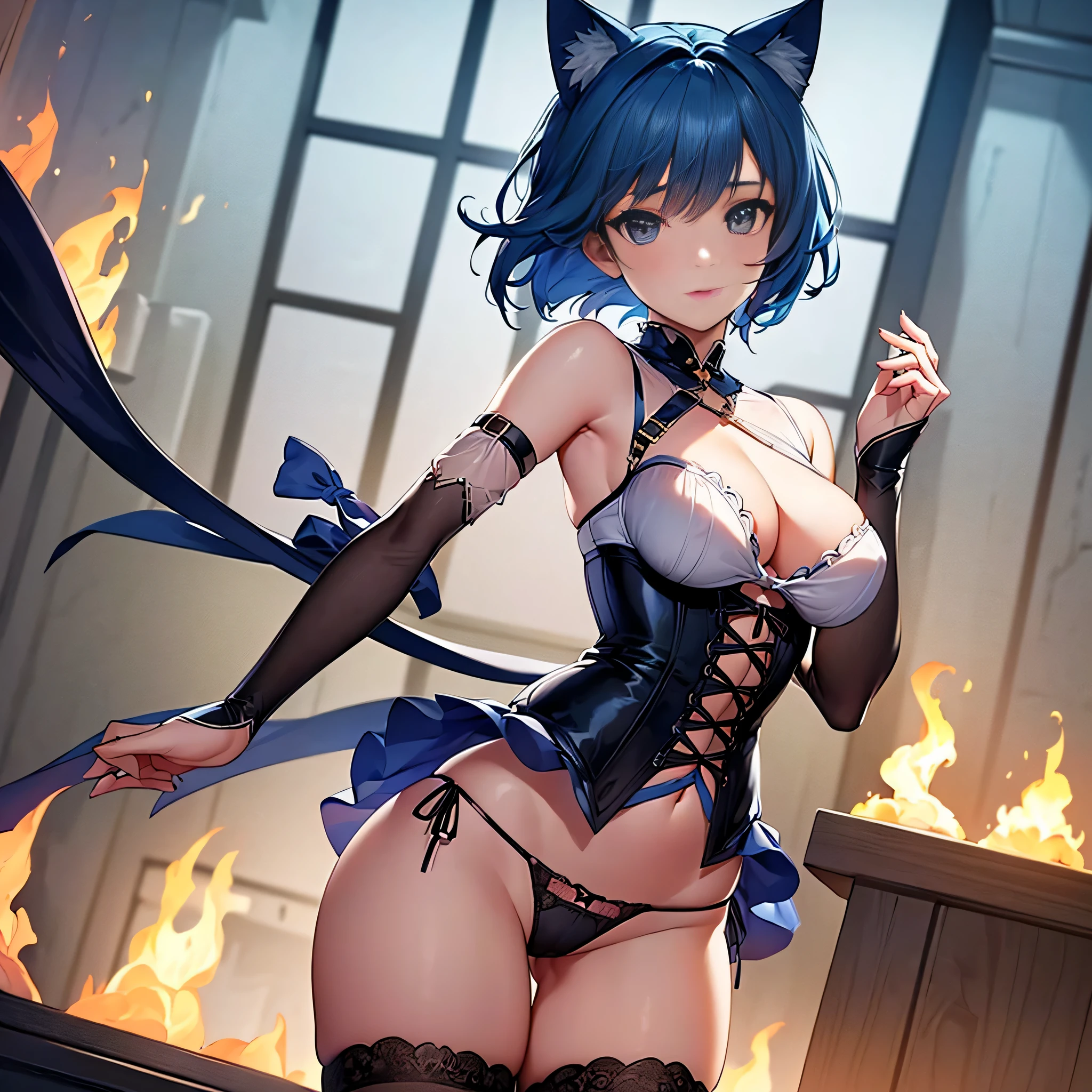 Intricate details: "((a sexy animated lady poses in revealing translucent clothes while in fire-lit fantasy setting, firm breasts, 1girl 18 years old, 100% see through all clothes, animal ears, short hair, see through panties, flat stomach, black panties, 100% see through all underwear, cat ears, looking at viewer, thighhighs, cleavage, corset, blue hair, string panties, 70% nude, random low angle))"
