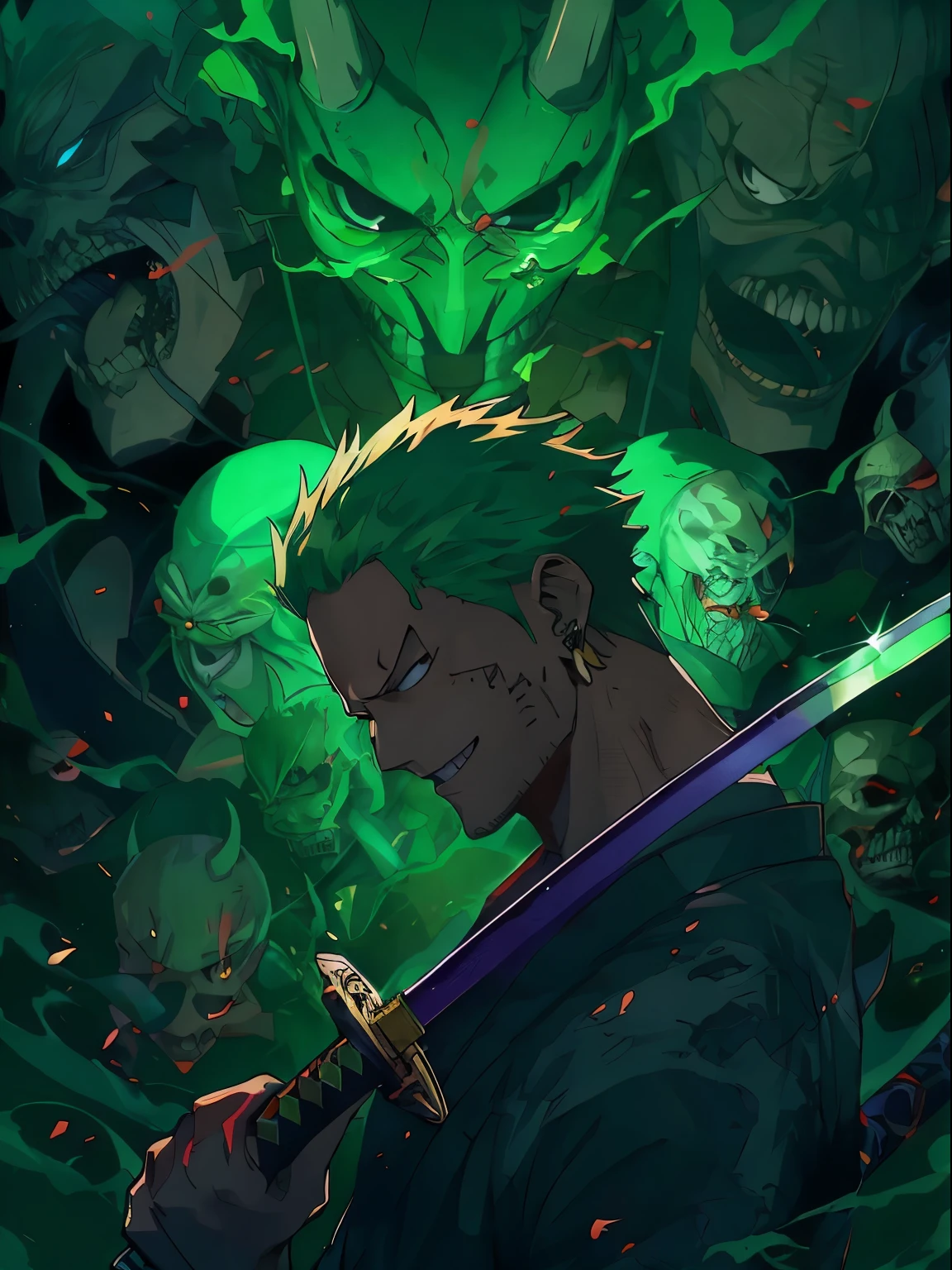 anime character with green hair holding a sword surrounded by skulls, roronoa zoro, badass anime 8 k, anime epic artwork, demon slayer artstyle, anime art wallpaper 4k, anime art wallpaper 4 k, 4k anime wallpaper, anime wallpaper 4 k, anime wallpaper 4k, anime art wallpaper 8 k, 4 k manga wallpaper, anime wallaper