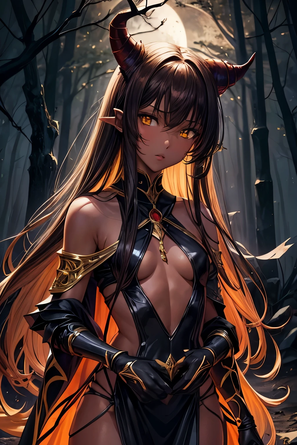 best quality, nsfw, extremely beautiful, beautiful face, long straight brown hair, yellow eyes, (Shiny dark red skin : 1.2), skinny, small breast, Demon horns, revealing dark armor, bare thigh, bare shoulder, long gloves, dark cape, precious stone encased in armor, in a dark forest at night, moon in background