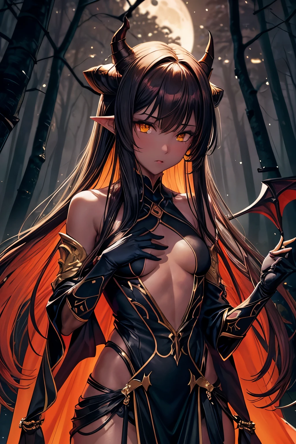 best quality, nsfw, extremely beautiful, beautiful face, long straight brown hair, yellow eyes, (Shiny dark red skin : 1.2), skinny, small breast, Demon horns, revealing dark armor, bare thigh, bare shoulder, long gloves, dark cape, precious stone encased in armor, in a dark forest at night, moon in background