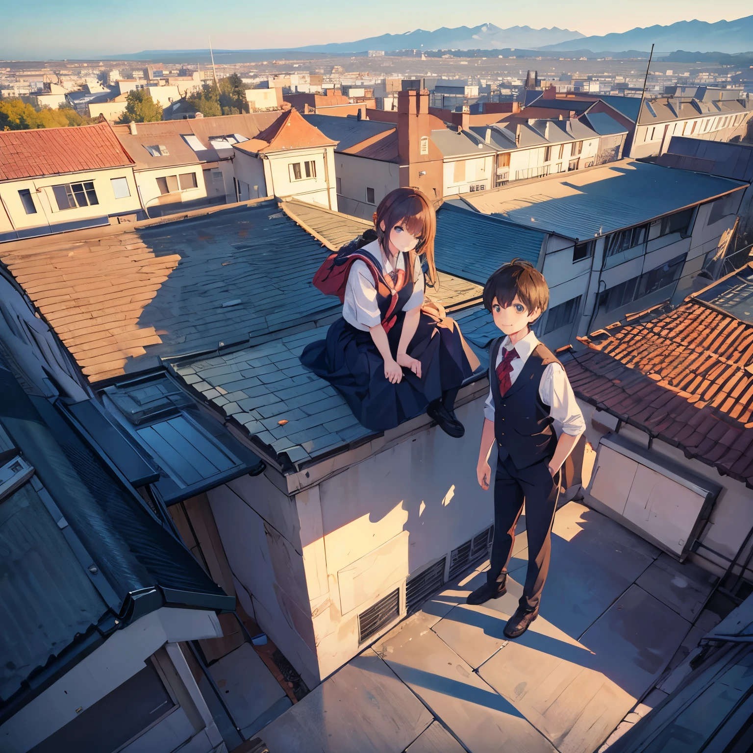 6 boys and 3 girls on the school roof looking at the camera