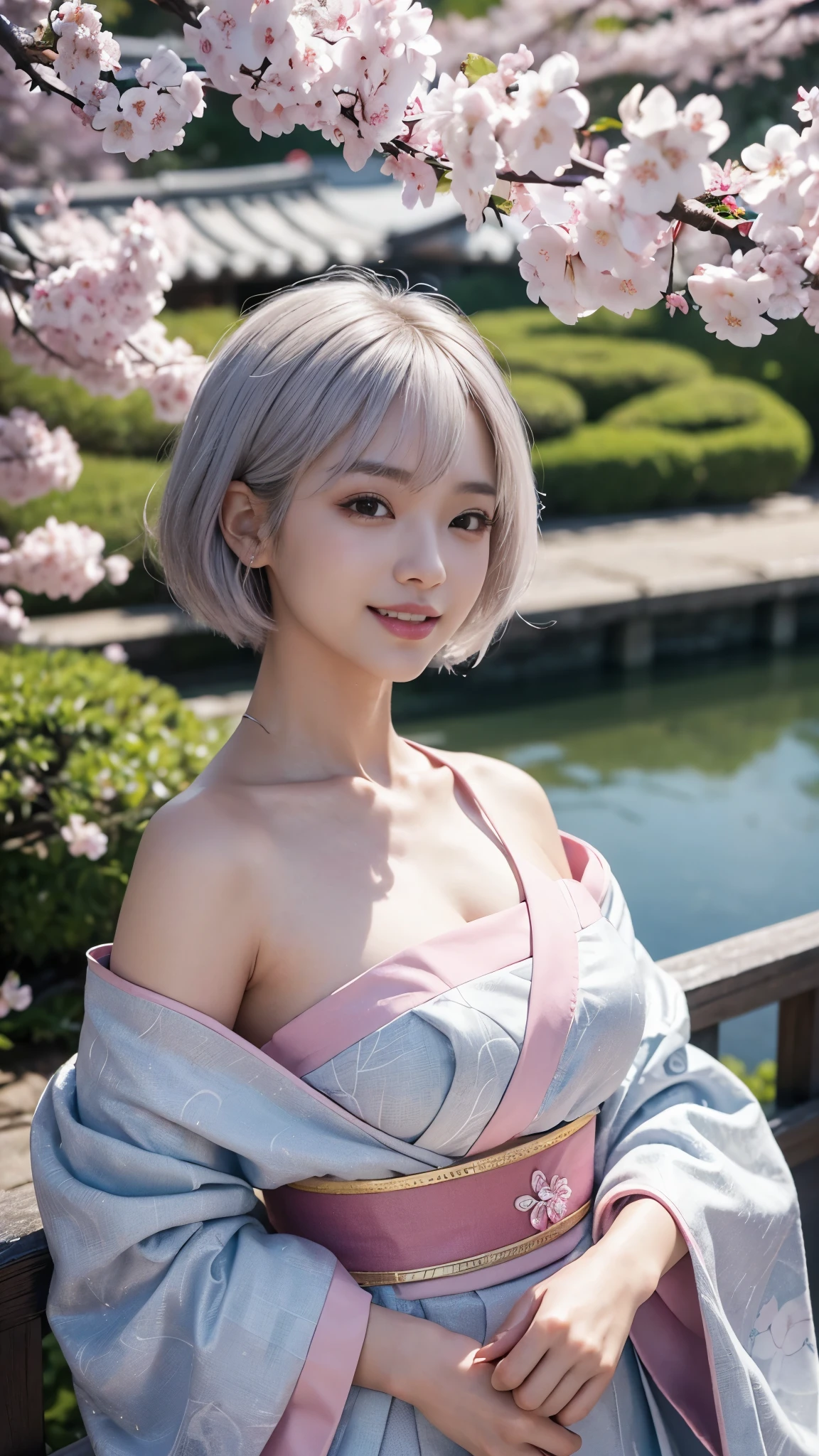 (highest quality、8K、16k、masterpiece、realistic、Super detailed、Beautiful in every detail、ray tracing)、photograph、
break beautiful asian girl、Looks like a Korean idol、25 year old female model、silver hair、Pink mesh hair color、(detailed face、golden ratio of beauty)、((smile))、((white teeth))、((Pose that attracts men))、lip details、fine eyes、short bob hair、silver hair、Super cute face with pink mesh hair and coddle style、slim and beautiful body、beautiful breasts、Glossy skin、
break、
Please generate an image of a Japanese-themed woman wearing a kimono.、that woman'The pose is elegant、The pattern and color of the kimono must express the traditional beauty of Japan..、(The background is a Japanese garden)、Please describe it as a place where you can feel peace..、
break 、
Cherry blossoms in full bloom on branches in the foreground,:d,looking_up,(aerial:1.2),available light,(best quality:1.2),
