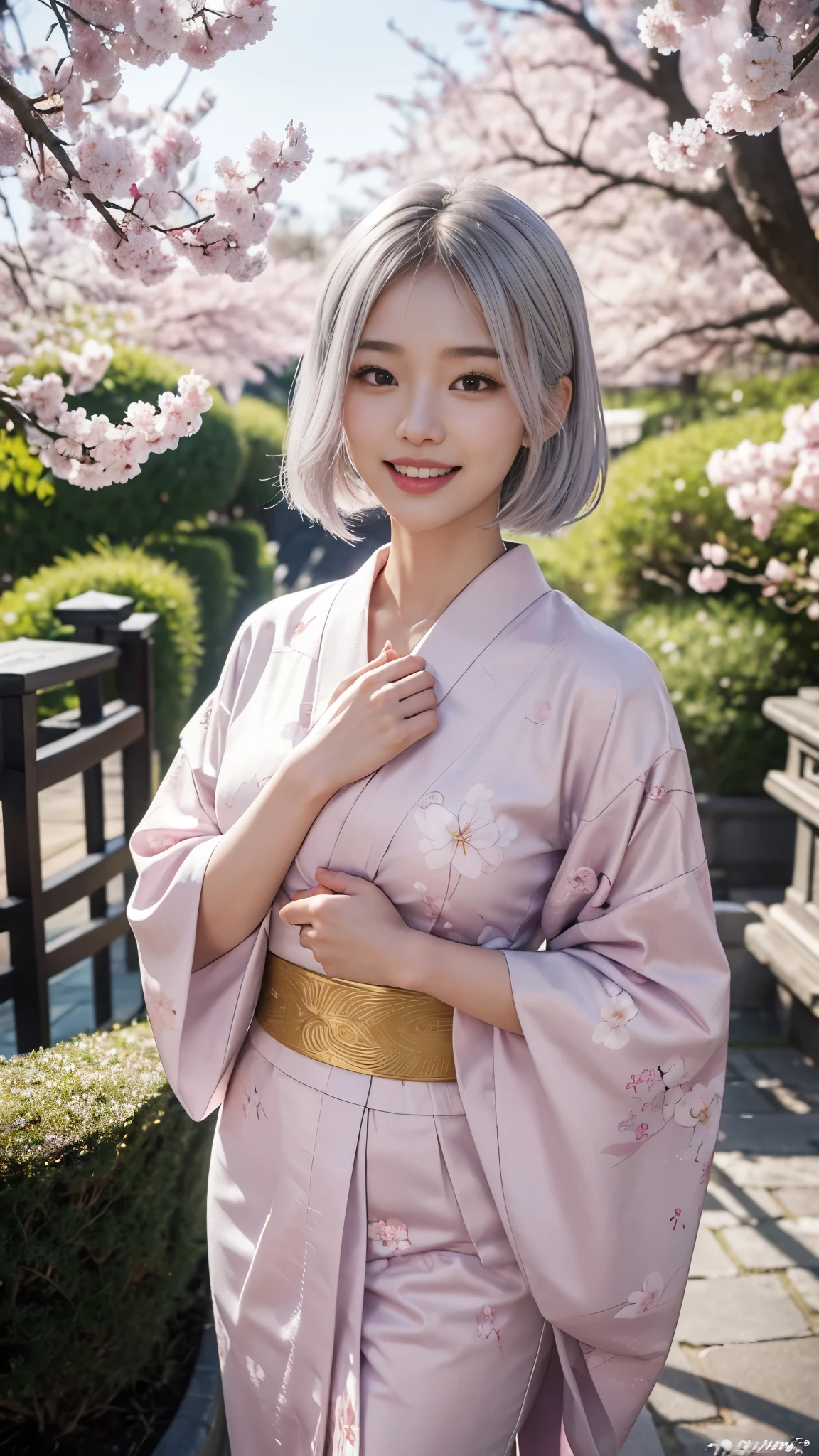 (highest quality、8K、16k、masterpiece、realistic、Super detailed、Beautiful in every detail、ray tracing)、photograph、
break beautiful asian girl、Looks like a Korean idol、25 year old female model、silver hair、Pink mesh hair color、(detailed face、golden ratio of beauty)、((smile))、((white teeth))、lip details、fine eyes、short bob hair、silver hair、Super cute face with pink mesh hair and coddle style、slim and beautiful body、beautiful breasts、Glossy skin、
break、
Please generate an image of a Japanese-themed woman wearing a kimono.、that woman&#39;The pose is elegant、The pattern and color of the kimono must express the traditional beauty of Japan.、
break 、(The background is a Japanese garden)、Please describe it as a place where you can feel peace.、
Cherry blossoms in full bloom on branches in the foreground,:d,looking_up,(aerial:1.2),available light,