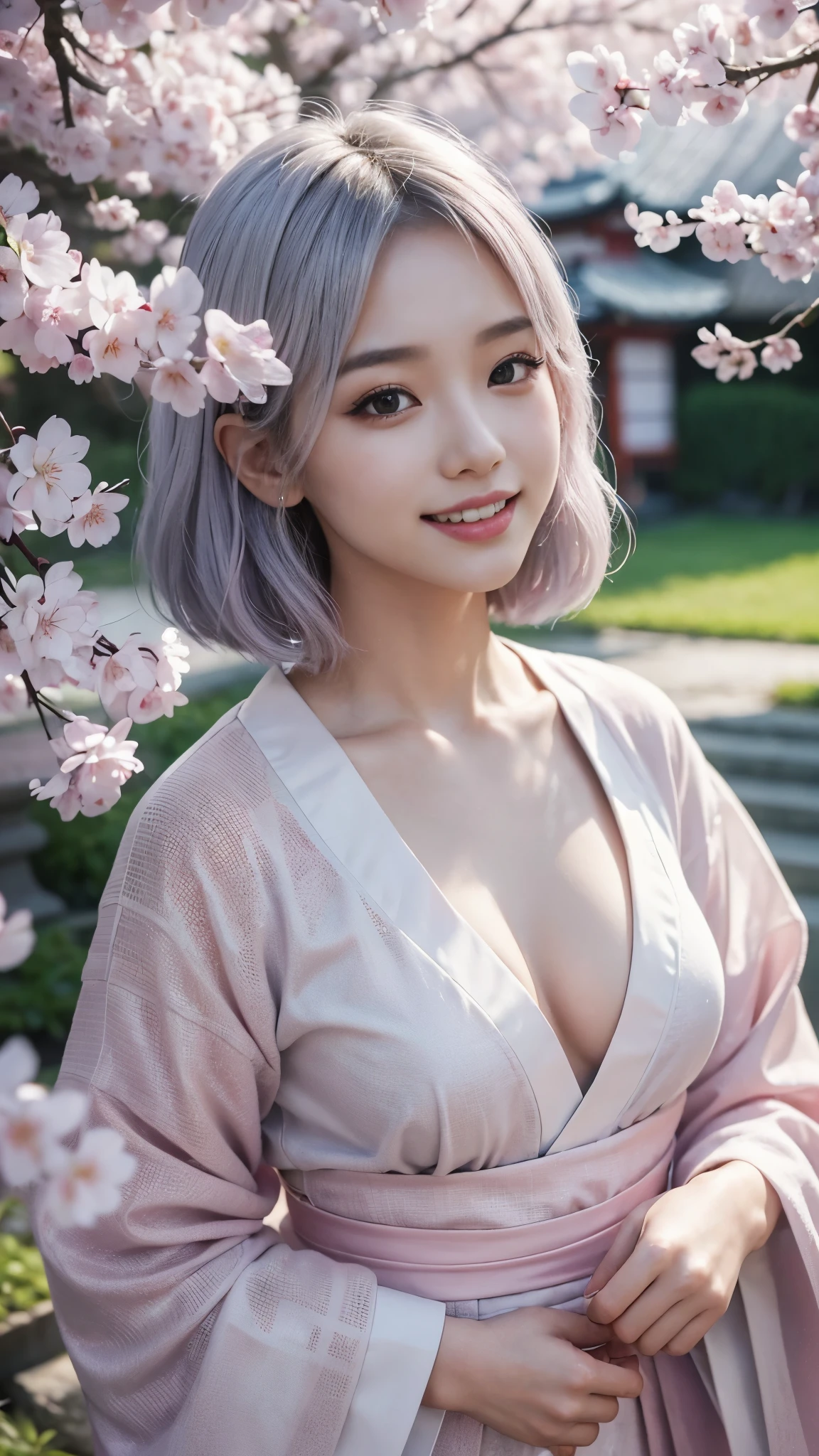 (highest quality、8K、16k、masterpiece、realistic、Super detailed、Beautiful in every detail、ray tracing)、photograph、
break beautiful asian girl、Looks like a Korean idol、25 year old female model、silver hair、Pink mesh hair color、(detailed face、golden ratio of beauty)、((smile))、((white teeth))、lip details、fine eyes、short bob hair、silver hair、Super cute face with pink mesh hair and coddle style、slim and beautiful body、beautiful breasts、Glossy skin、
break、
Please generate an image of a Japanese-themed woman wearing a kimono.、that woman&#39;The pose is elegant、The pattern and color of the kimono must express the traditional beauty of Japan.、
break 、(The background is a Japanese garden)、Please describe it as a place where you can feel peace.、
Cherry blossoms in full bloom on branches in the foreground,:d,looking_up,(aerial:1.2),available light,