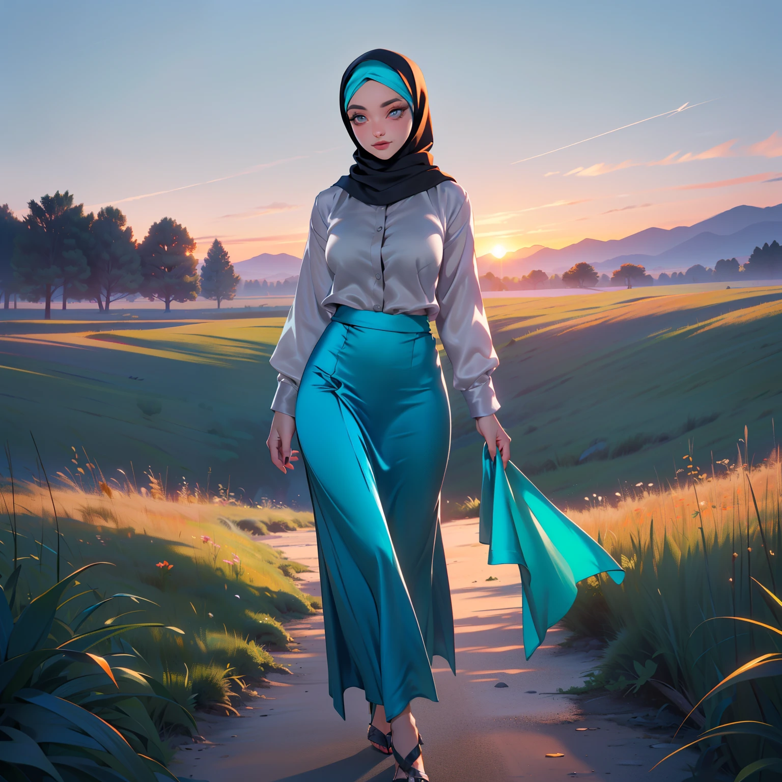 (best quality, highres, masterpiece:1.2), ultra-detailed, realistic:1.37, girl pose for photo, photographie ,full body , hijabi, blue hijab , brown skin, beautiful detailed eyes, beautiful detailed lips, stylish hijab, trendy outfits, vibrant colors, sunny day, cheerful expressions, lively background, clear blue sky, green trees, colorful flowers, laughter, joyful atmosphere, close-up shot, perfect composition, professional lighting, vivid colors