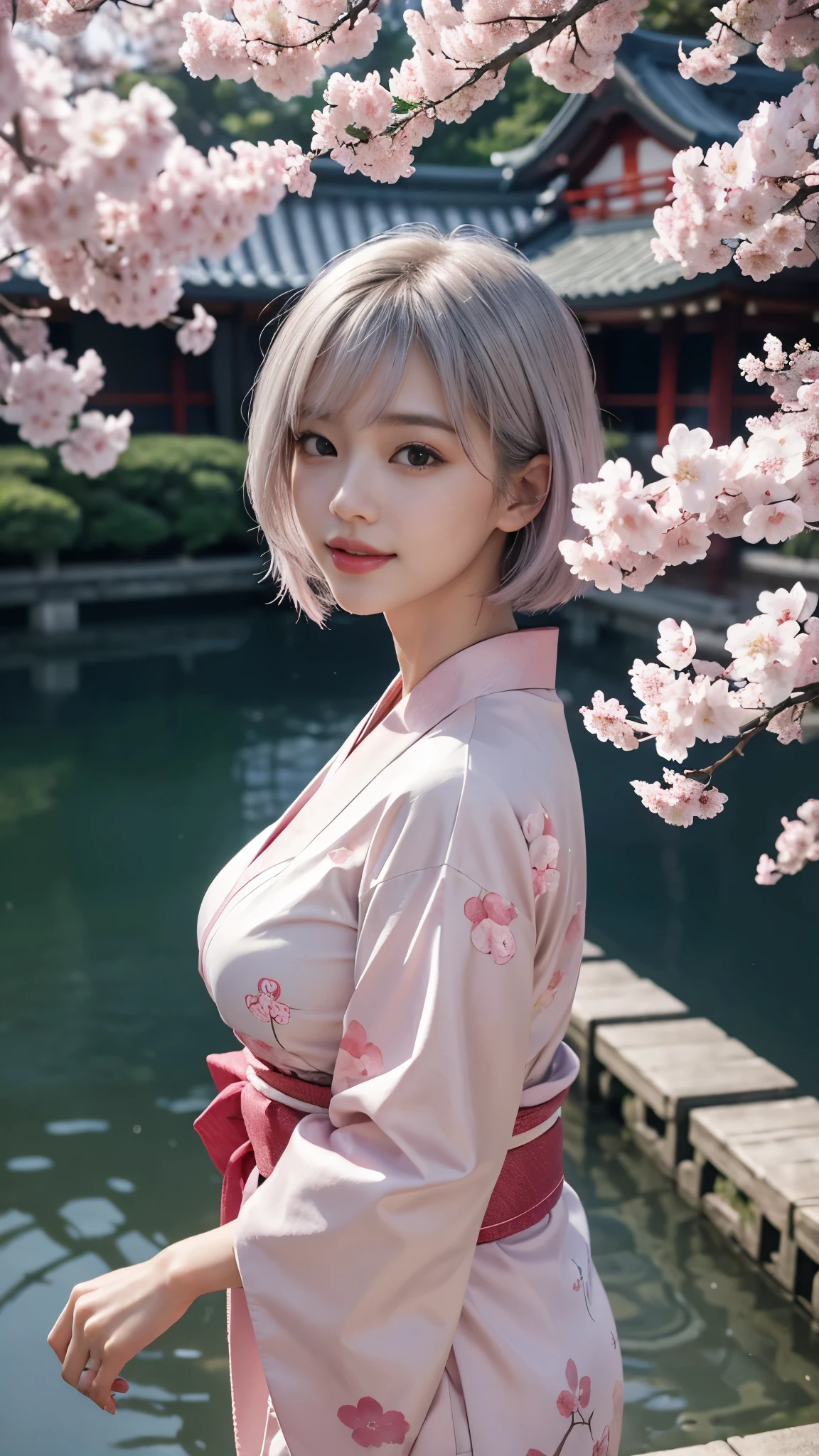 (highest quality、8K、16k、masterpiece、realistic、Super detailed、Beautiful in every detail、ray tracing)、photograph、
break beautiful asian girl、Looks like a Korean idol、25 year old female model、silver hair、Pink mesh hair color、(detailed face、golden ratio of beauty)、((smile))、lip details、fine eyes、short bob hair、silver hair、Super cute face with pink mesh hair and coddle style、slim and beautiful body、beautiful breasts、Glossy skin、
break、
Please generate an image of a Japanese-themed woman wearing a kimono.、that woman&#39;The pose is elegant、The pattern and color of the kimono must express the traditional beauty of Japan.、Kimono that exposes less skin、
break 、(The background is a Japanese garden)、Please describe it as a place where you can feel peace.、
Cherry blossoms in full bloom on branches in the foreground,:d,looking_up,(aerial:1.2),available light,