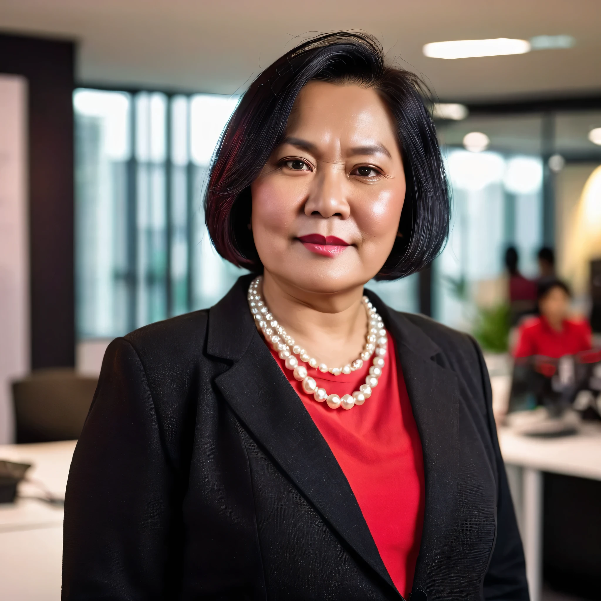 an endomorph 50 years chubby old indonesian lady with  medium  textured bob hair, wearing a formal shirt, black blazer, red t-shirt, black pants, and a pearl necklace. She is standing looking at the camera in a busy office, with a medium close-up centered angle, shallow depth of field, warm lighting, softbox lighting from the front, creating a creative mood.