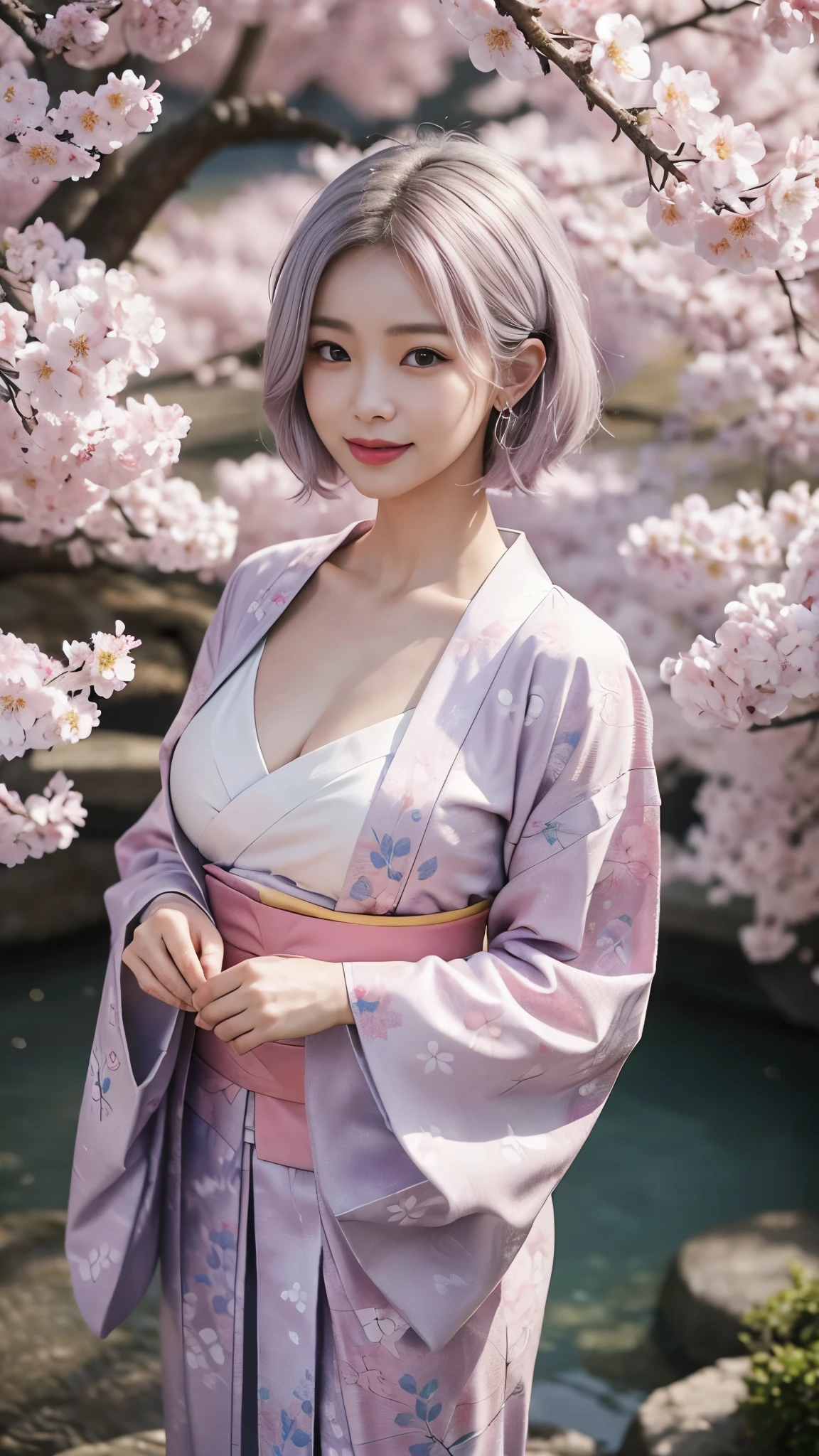 (highest quality、8K、16k、masterpiece、realistic、Super detailed、Beautiful in every detail、ray tracing)、photograph、
break beautiful asian girl、Looks like a Korean idol、25 year old female model、silver hair、Pink mesh hair color、(detailed face、golden ratio of beauty)、((smile))、lip details、fine eyes、short bob hair、silver hair、Super cute face with pink mesh hair and coddle style、slim and beautiful body、beautiful breasts、Glossy skin、
break、
Please generate an image of a Japanese-themed woman wearing a kimono.、that woman'The pose is elegant、The pattern and color of the kimono must express the traditional beauty of Japan.、Kimono that exposes less skin、
break 、(The background is a Japanese garden)、Please describe it as a place where you can feel peace.、
Cherry blossoms in full bloom on branches in the foreground,:d,looking_up,(aerial:1.2),available light,
