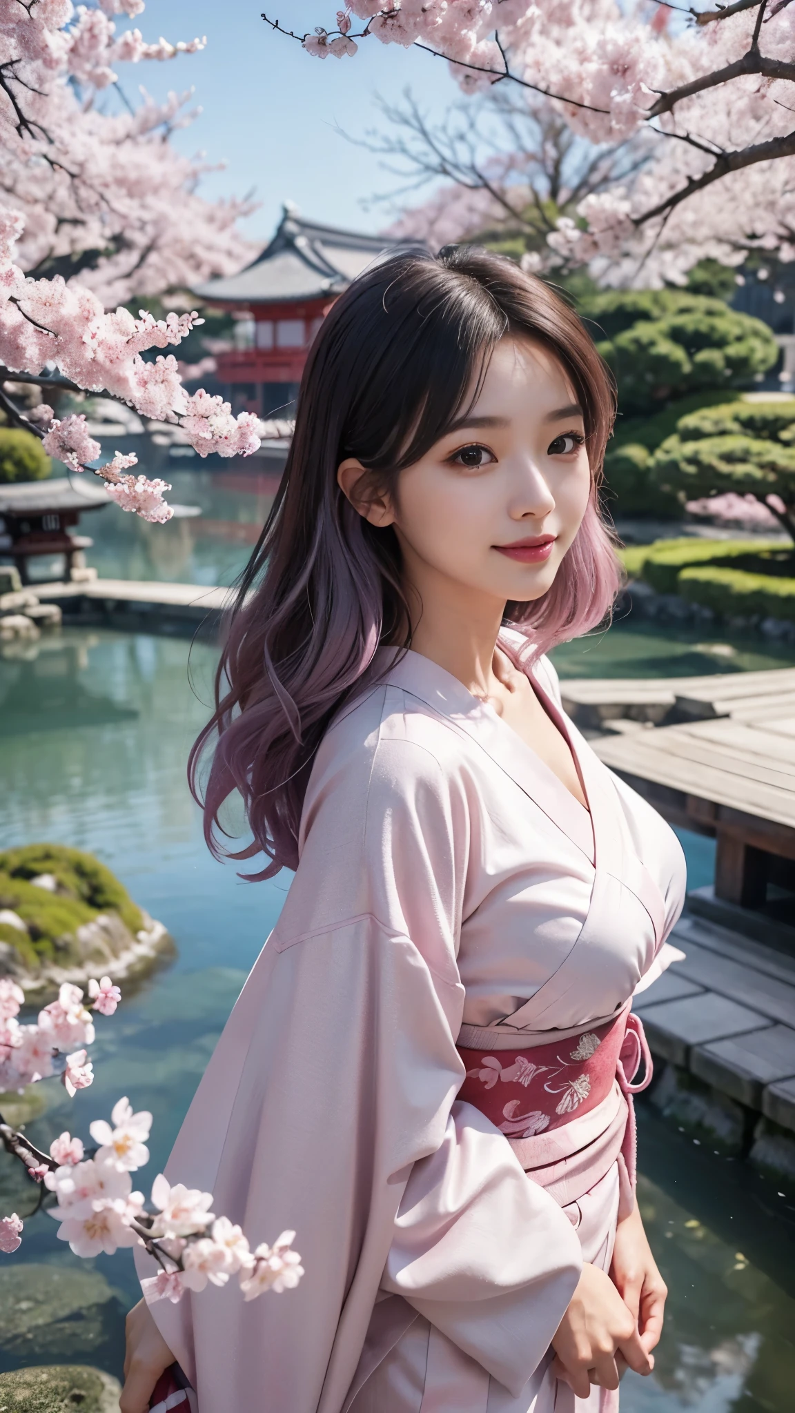 (highest quality、8K、16k、masterpiece、realistic、Super detailed、Beautiful in every detail、ray tracing)、photograph、
break beautiful asian girl、Looks like a Korean idol、25 year old female model、silver hair、Pink mesh hair color、(detailed face、golden ratio of beauty)、((smile))、lip details、fine eyes、short bob hair、silver hair、Super cute face with pink mesh hair and coddle style、slim and beautiful body、beautiful breasts、Glossy skin、
break、
Please generate an image of a Japanese-themed woman wearing a kimono.、that woman&#39;The pose is elegant、The pattern and color of the kimono must express the traditional beauty of Japan.、Kimono that exposes less skin、
break 、(The background is a Japanese garden)、Please describe it as a place where you can feel peace.、
Cherry blossoms in full bloom on branches in the foreground,:d,looking_up,(aerial:1.2),available light,