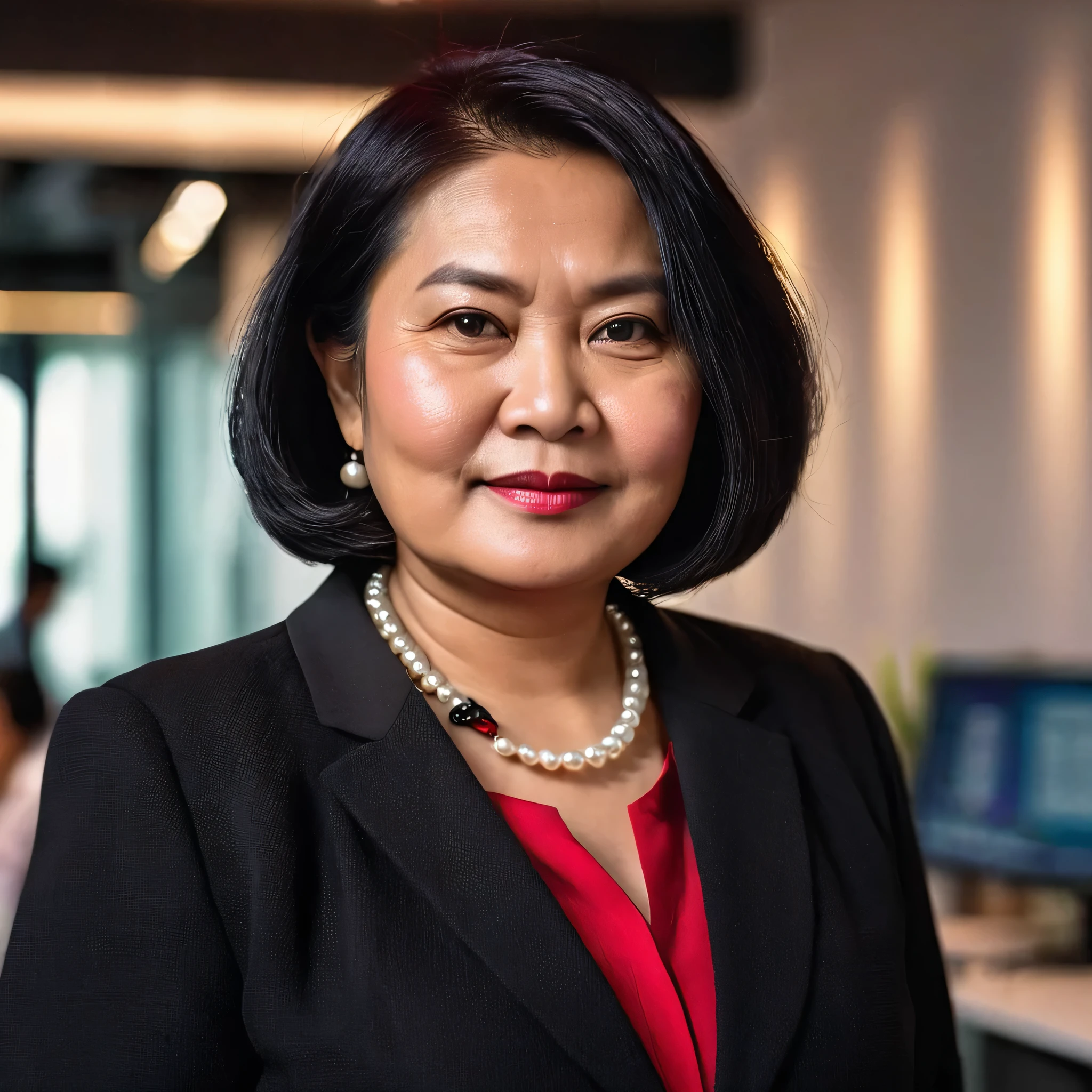an endomorph 50 years chubby old indonesian lady with medium textured bob hair, wearing a formal shirt, black blazer, red t-shirt, black pants, and a pearl necklace. She is standing looking at the camera in a busy office, with a medium close-up centered angle, shallow depth of field, warm lighting, softbox lighting from the front, creating a creative mood.
