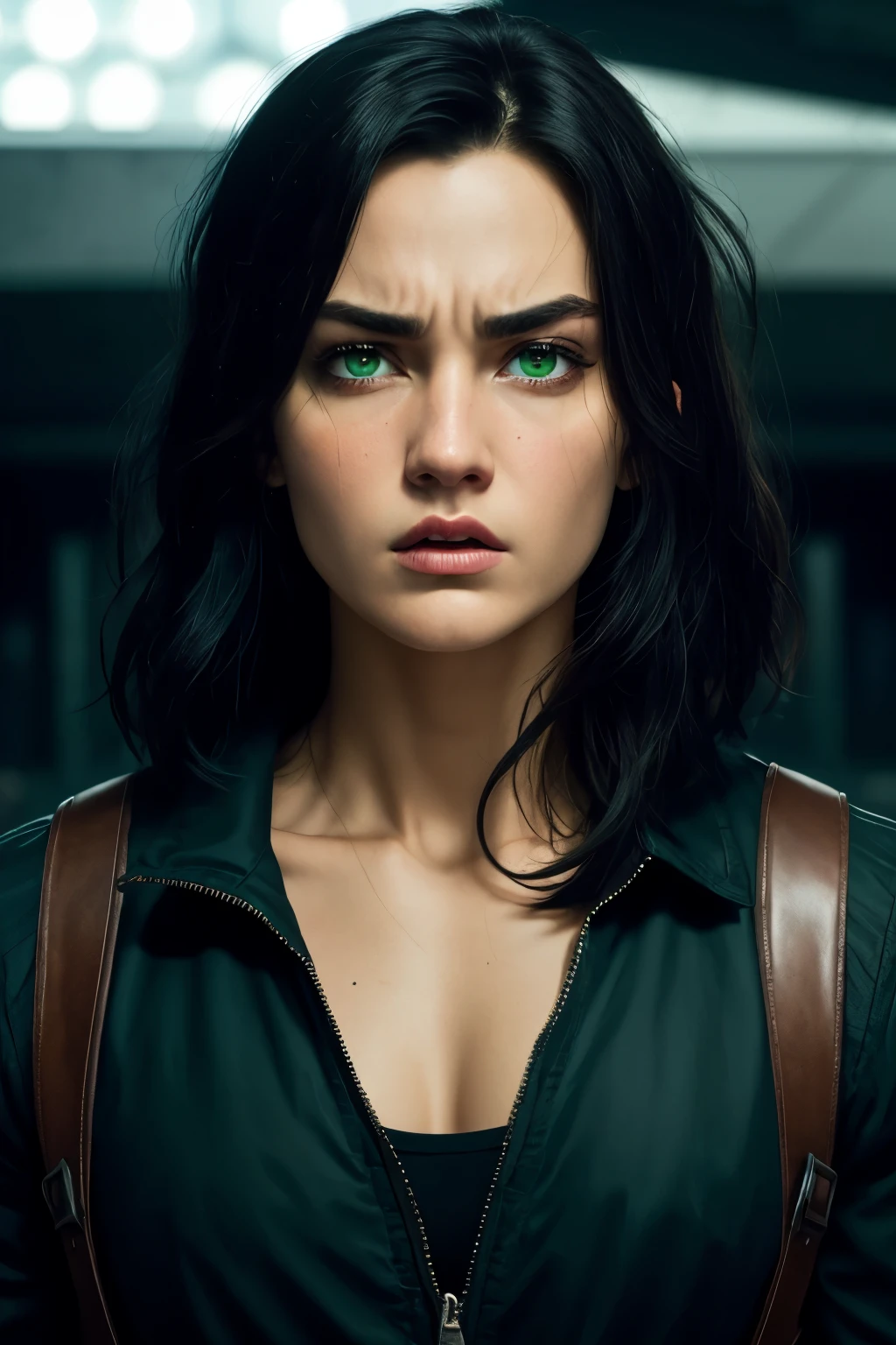 European warrior, Green eyes and long black hair, angry facial expression, rotes outfit, aus der Film-Trilogie "Divergent", Amity faction, rote Farbpalette, dystopisch