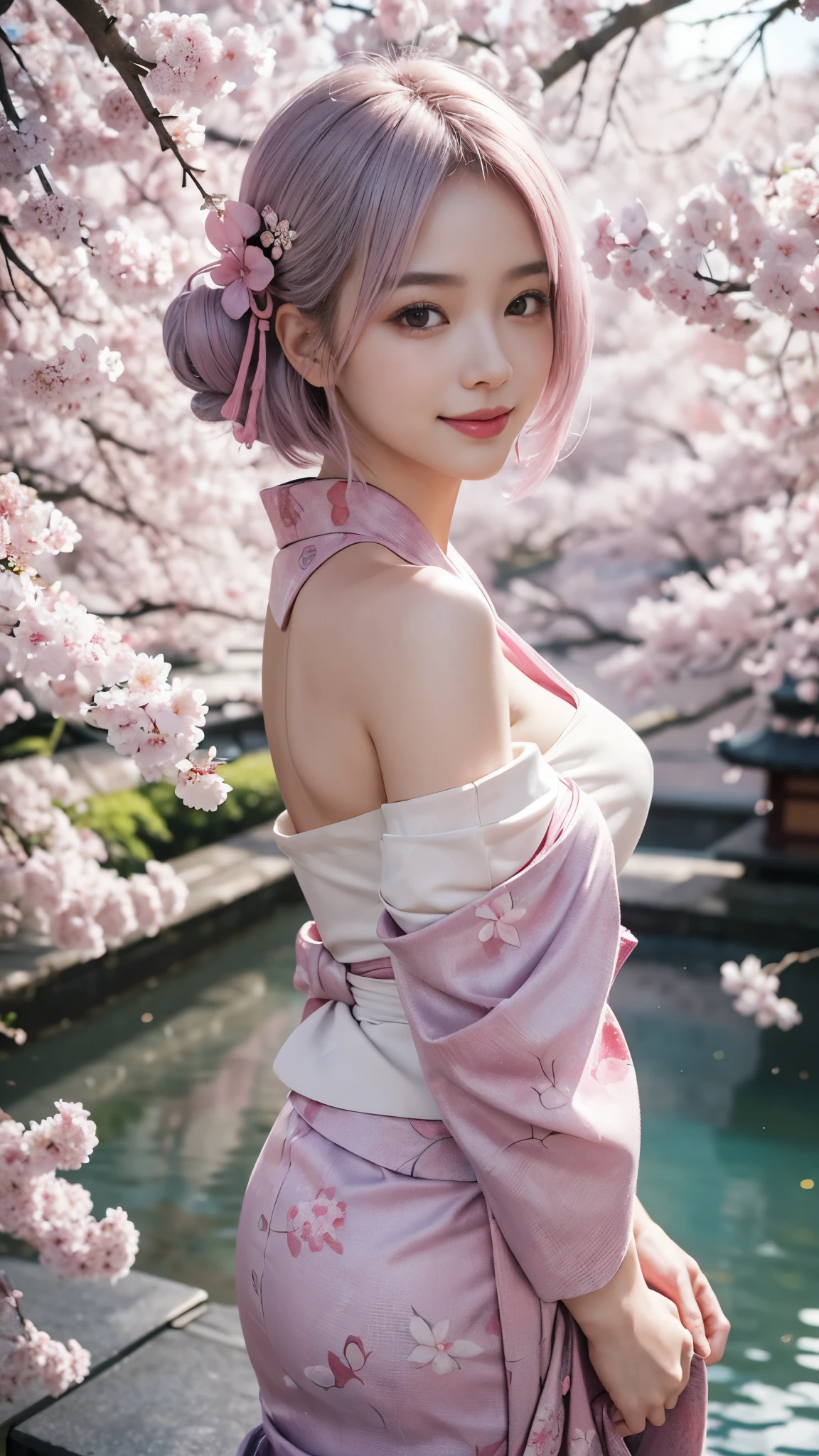 (highest quality、8K、16k、masterpiece、realistic、Super detailed、Beautiful in every detail、ray tracing)、photograph、
break beautiful asian girl、Looks like a Korean idol、25 year old female model、silver hair、Pink mesh hair color、(detailed face、golden ratio of beauty)、((smile))、lip details、fine eyes、short bob hair、silver hair、Super cute face with pink mesh hair and coddle style、slim and beautiful body、beautiful breasts、Glossy skin、
break、
Please generate an image of a Japanese-themed woman wearing a kimono.、that woman&#39;The pose is elegant、The pattern and color of the kimono must express the traditional beauty of Japan.、Kimono that exposes less skin、
break 、(The background is a Japanese garden)、Please describe it as a place where you can feel peace.、
Cherry blossoms in full bloom on branches in the foreground,:d,looking_up,(aerial:1.2),available light,