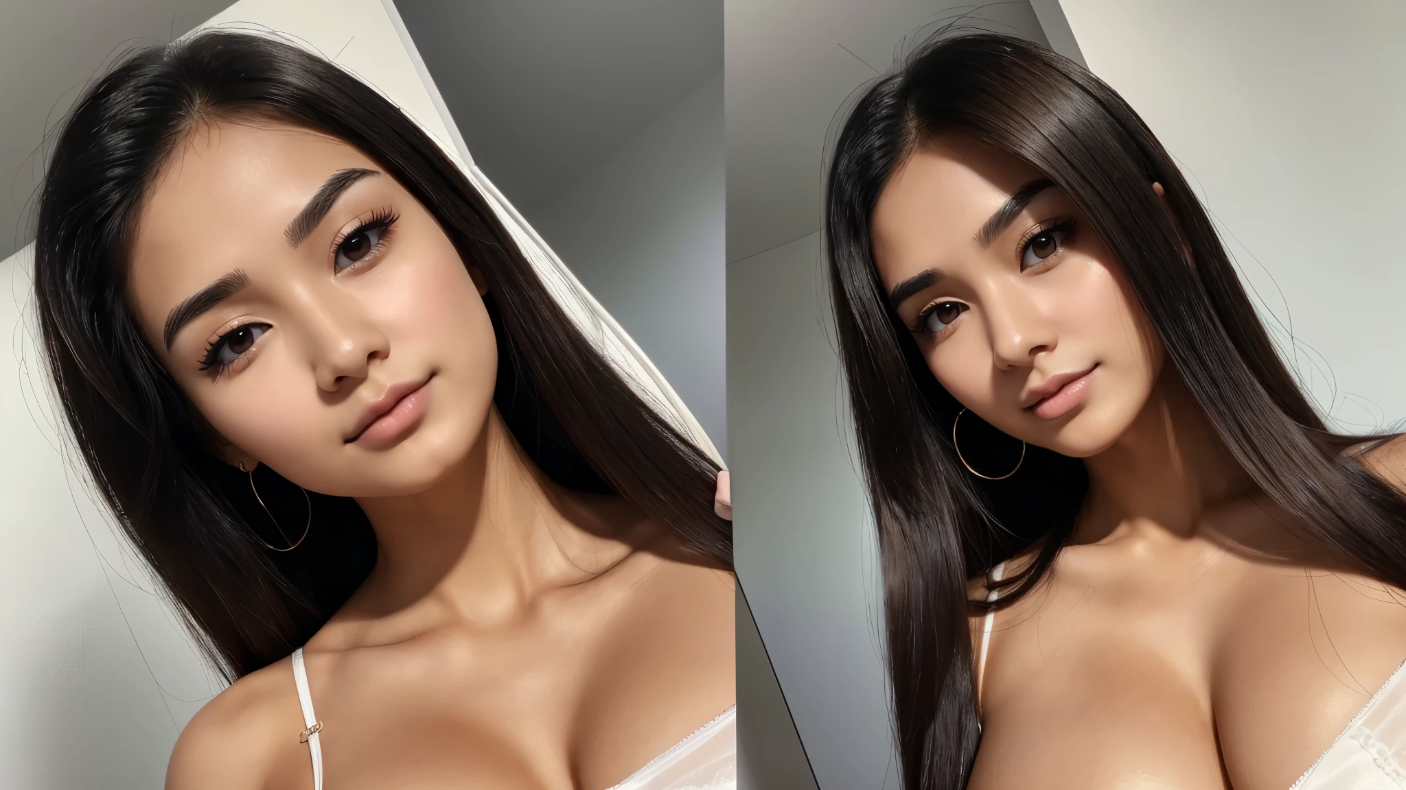 ((Beautiful)+nerd:0.8+cute:0.9) asian_woman, 20_years_woman, young_facial_feautures, (short_head:1.5 round_face:1.5), long_hair straight_hair (black_hair:1), symmetric_eyes:1 monolid_eyes:1 large_eyes:1.2 short_eyes:1.2 eye_wings:0.8 brown_eyes:1.5 mahogany_brown_eyes:1, double_eyelid:0.8, small_eyebrows:1.5 rounded_eyebrows:1.3, (tanned_skin:1.3), european_nose:1 delicate_nose:1.2, young_gorgeous_woman, feminine_cheeks large_cheeks:1.3 round_cheeks:1.2 cheek_dimples:0.9, small_lips:1.4 pink_lips:0.9, most_beautiful_woman (1Woman:1.5, (Masterpiece, 8K, best quality, highres:1.5), (three_quarter_shot:1.5, looking_at_viewer:1.5, body_looking_at_viewer:1.5), white_photoshoot:1, white_room:1, white_backdrop:1.5, standing, neutral_body_posture:1.5, (neutral_facial_expression:1.5, closed_lips:1), wearing white_strapless_mini_dress), slender_body:1, short_body:1, (big breasts:1.3)