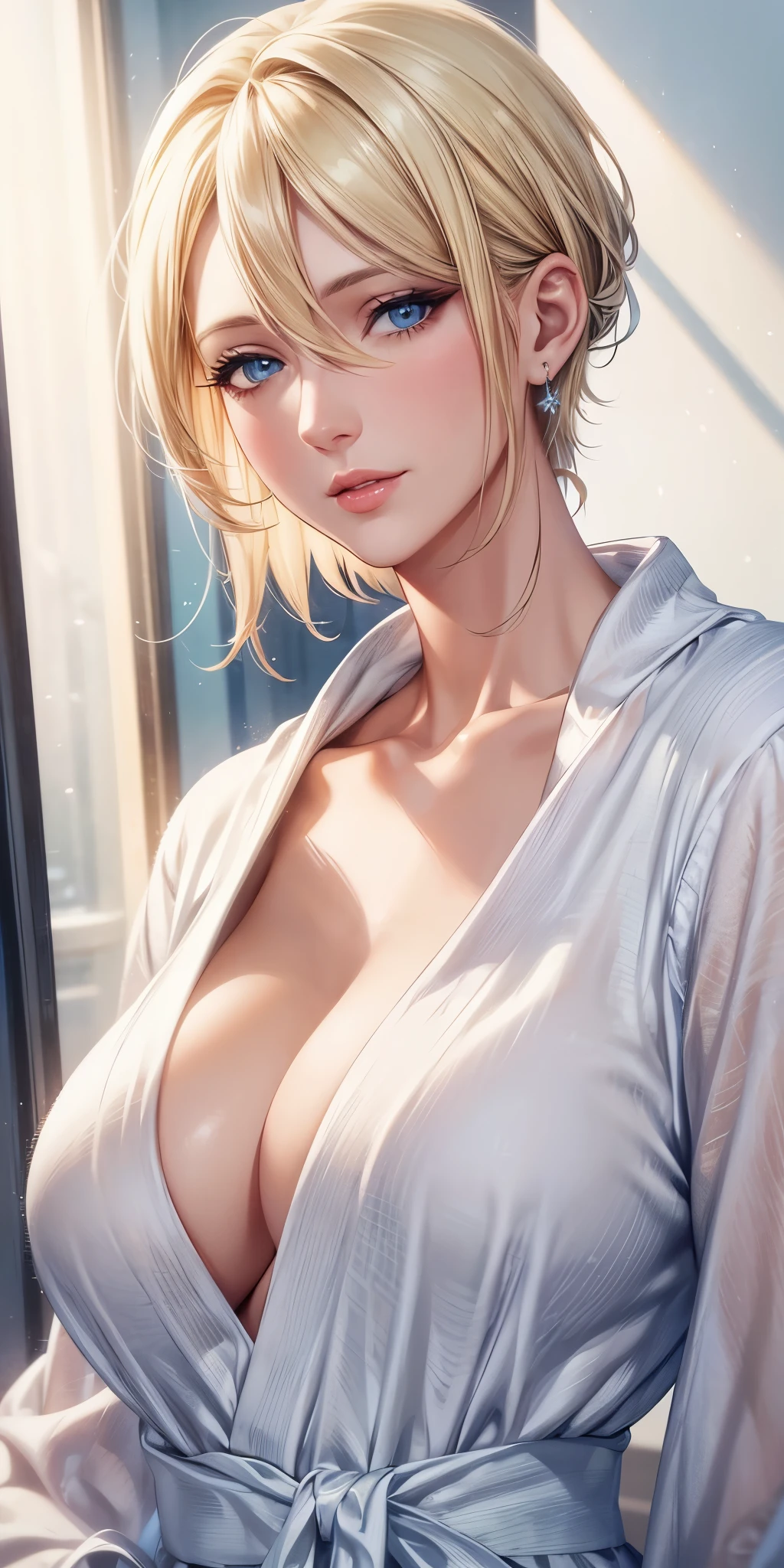 portrait, realistic, elegant mature woman, blue eyes, blonde hair, 4k resolution, ultra detailed cg, beautiful cg, soft light