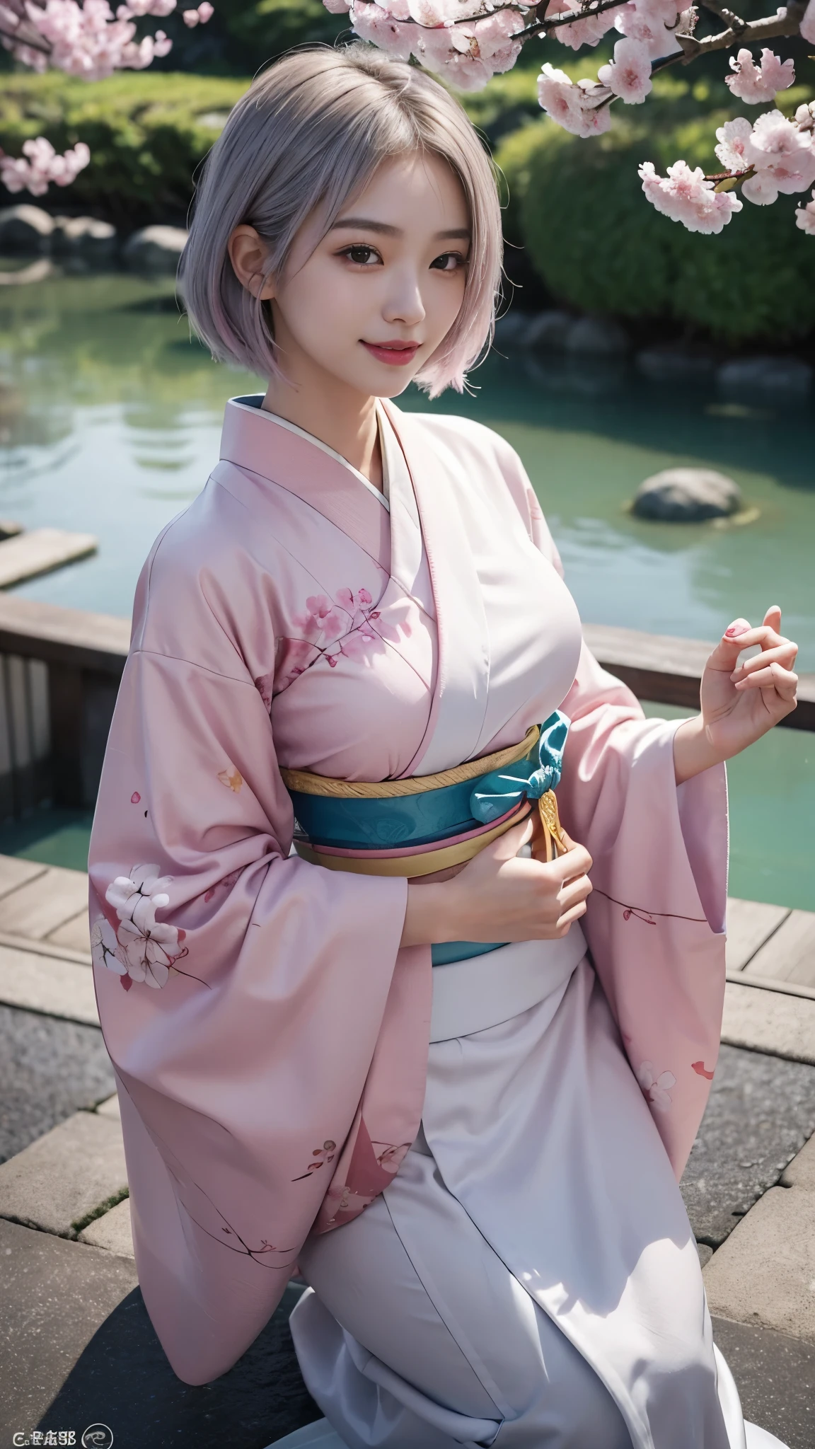 (highest quality、8K、16k、masterpiece、realistic、Super detailed、Beautiful in every detail、ray tracing)、photograph、
break beautiful asian girl、Looks like a Korean idol、25 year old female model、silver hair、Pink mesh hair color、(detailed face、golden ratio of beauty)、((smile))、lip details、fine eyes、short bob hair、silver hair、Super cute face with pink mesh hair and coddle style、slim and beautiful body、beautiful breasts、Glossy skin、
break、
Please generate an image of a Japanese-themed woman wearing a kimono.、that woman'The pose is elegant、The pattern and color of the kimono must express the traditional beauty of Japan.、Kimono that exposes less skin、Uniquely colored kimono、original style、
break 、(The background is a Japanese garden)、Please describe it as a place where you can feel peace.、
Cherry blossoms in full bloom on branches in the foreground,:d,looking_up,(aerial:1.2),available light,