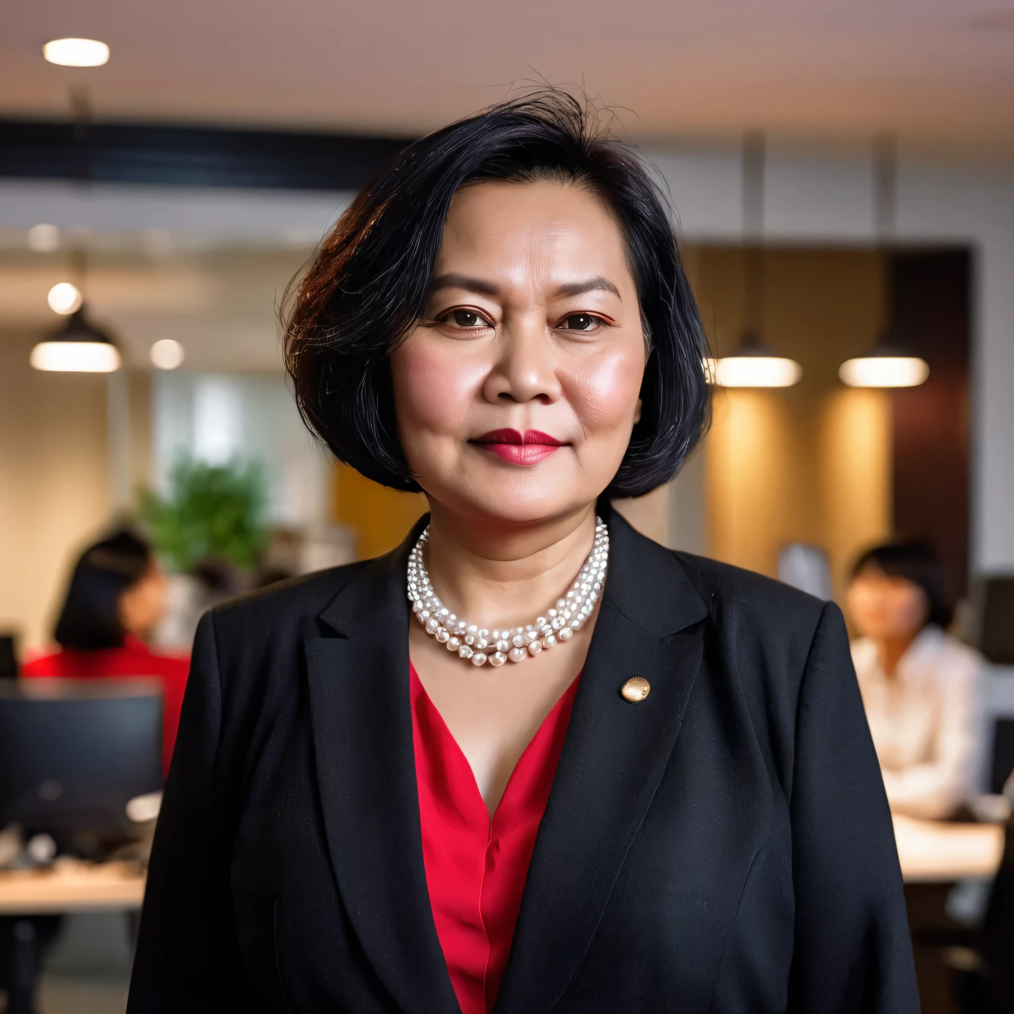 an endomorph 50 years chubby old indonesian lady with  medium  textured bob hair, wearing a formal shirt, black blazer, red t-shirt, black pants, and a pearl necklace. She is standing looking at the camera in a busy office, with a medium close-up centered angle, shallow depth of field, warm lighting, softbox lighting from the front, creating a creative mood.