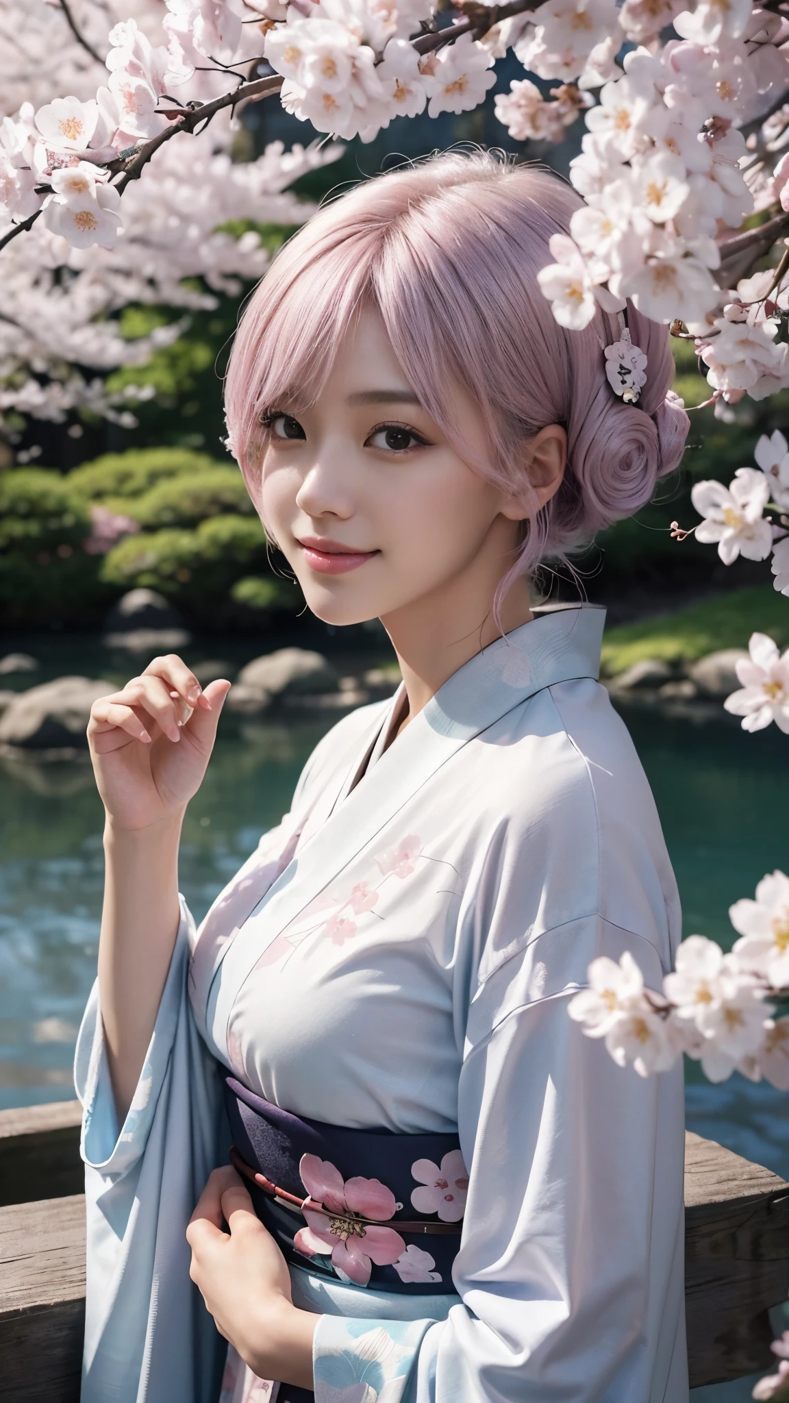 (highest quality、8K、16k、masterpiece、realistic、Super detailed、Beautiful in every detail、ray tracing)、photograph、
break beautiful asian girl、Looks like a Korean idol、25 year old female model、silver hair、Pink mesh hair color、(detailed face、golden ratio of beauty)、((smile))、lip details、fine eyes、short bob hair、silver hair、Super cute face with pink mesh hair and coddle style、slim and beautiful body、beautiful breasts、Glossy skin、
break、
Please generate an image of a Japanese-themed woman wearing a kimono.、that woman&#39;The pose is elegant、The pattern and color of the kimono must express the traditional beauty of Japan.、Kimono that exposes less skin、spring kimono、original style、
break 、(The background is a Japanese garden)、Please describe it as a place where you can feel peace.、
Cherry blossoms in full bloom on branches in the foreground,:d,looking_up,(aerial:1.2),available light,