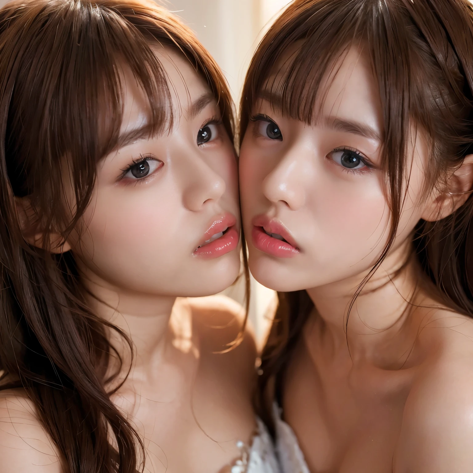 identical twin sisters kissing、highest quality, masterpiece, ultra high resolution, (realistic: 1.4), Raw photo, 1 girl, black hair, shiny skin, fine eyes, dramatic lighting, attractive performance, long bangs, cleanliness,