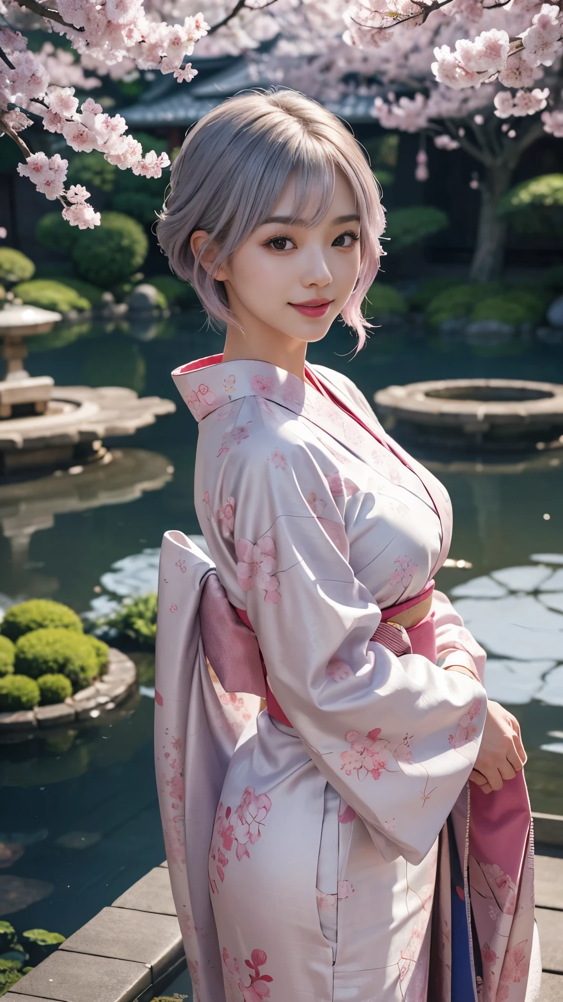 (highest quality、8K、16k、masterpiece、realistic、Super detailed、Beautiful in every detail、ray tracing)、photograph、
break beautiful asian girl、Looks like a Korean idol、25 year old female model、silver hair、Pink mesh hair color、(detailed face、golden ratio of beauty)、((smile))、lip details、fine eyes、short bob hair、silver hair、Super cute face with pink mesh hair and coddle style、slim and beautiful body、beautiful breasts、Glossy skin、
break、
Please generate an image of a Japanese-themed woman wearing a kimono.、that woman'The pose is elegant、The pattern and color of the kimono must express the traditional beauty of Japan.、Kimono that exposes less skin、Uniquely colored kimono、original style、
break 、(The background is a Japanese garden)、Please describe it as a place where you can feel peace.、
Cherry blossoms in full bloom on branches in the foreground,:d,looking_up,(aerial:1.2),available light,