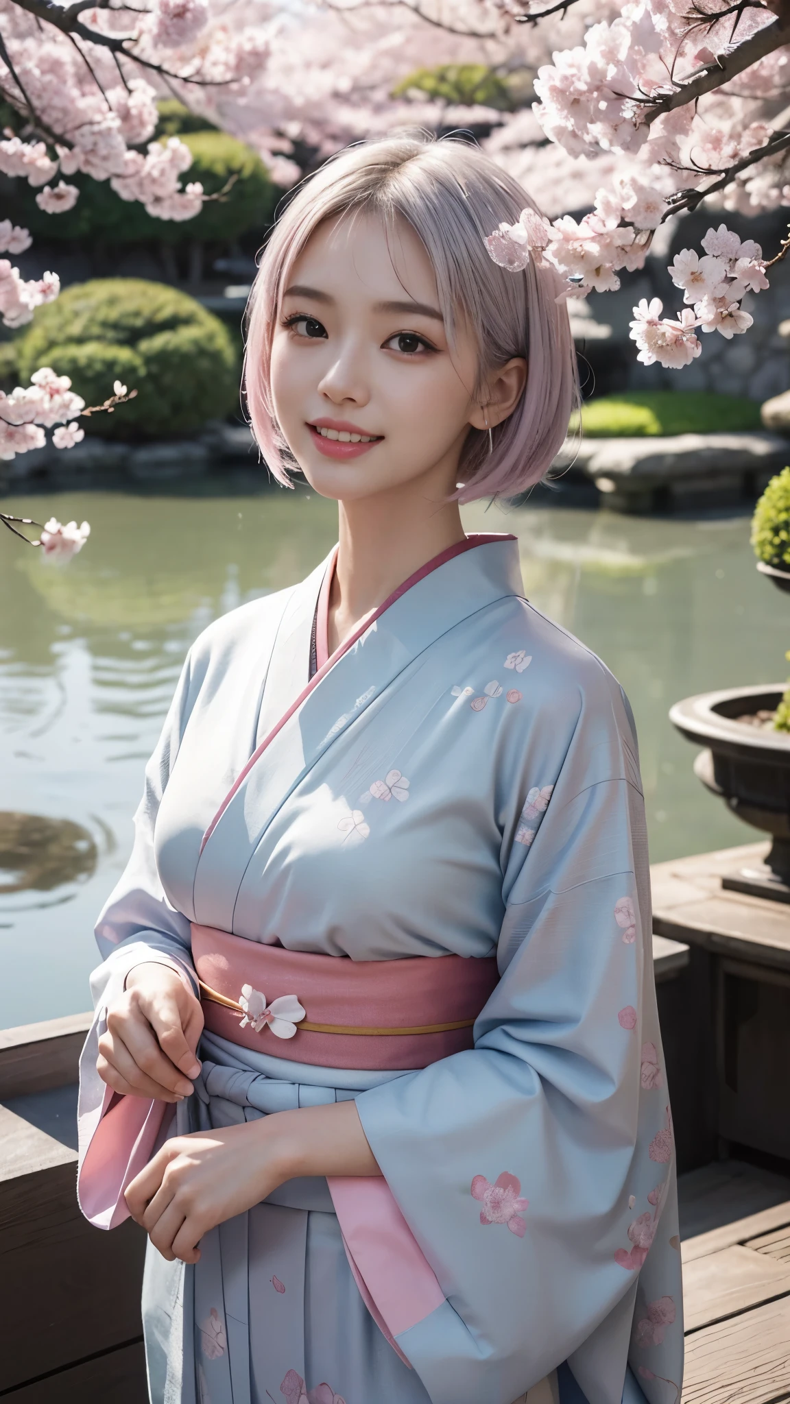 (highest quality、8K、16k、masterpiece、realistic、Super detailed、Beautiful in every detail、ray tracing)、photograph、
break beautiful asian girl、Looks like a Korean idol、25 year old female model、silver hair、Pink mesh hair color、(detailed face、golden ratio of beauty)、((smile))、lip details、fine eyes、short bob hair、silver hair、Super cute face with pink mesh hair and coddle style、slim and beautiful body、beautiful breasts、Glossy skin、
break、
Please generate an image of a Japanese-themed woman wearing a kimono.、that woman&#39;The pose is elegant、The pattern and color of the kimono must express the traditional beauty of Japan.、Kimono that exposes less skin、spring kimono、original style、
break 、(The background is a Japanese garden)、Please describe it as a place where you can feel peace.、
Cherry blossoms in full bloom on branches in the foreground,:d,looking_up,(aerial:1.2),available light,