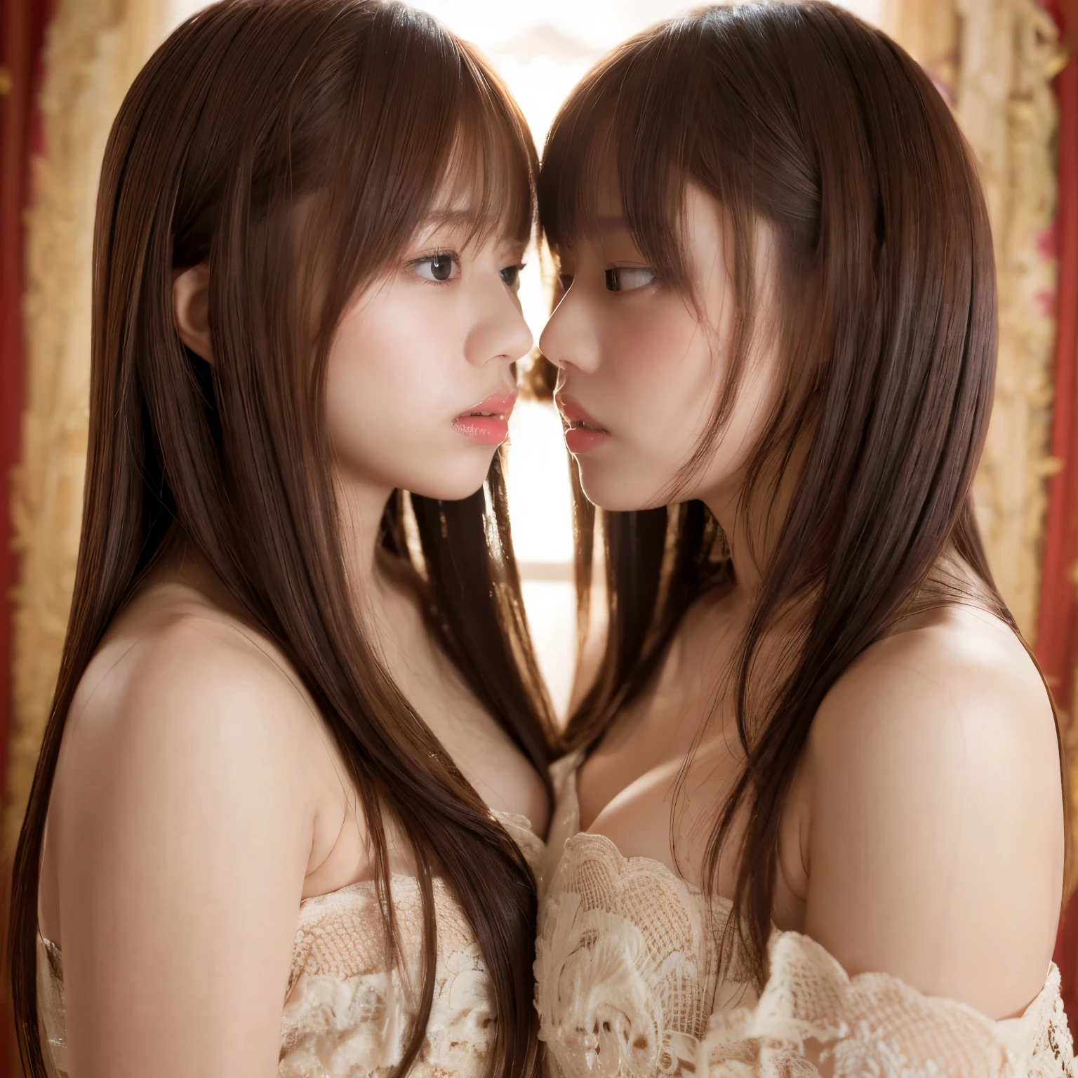 identical twin sisters kissing、highest quality, masterpiece, ultra high resolution, (realistic: 1.4), Raw photo, 1 girl, black hair, shiny skin, fine eyes, dramatic lighting, attractive performance, long bangs, cleanliness,