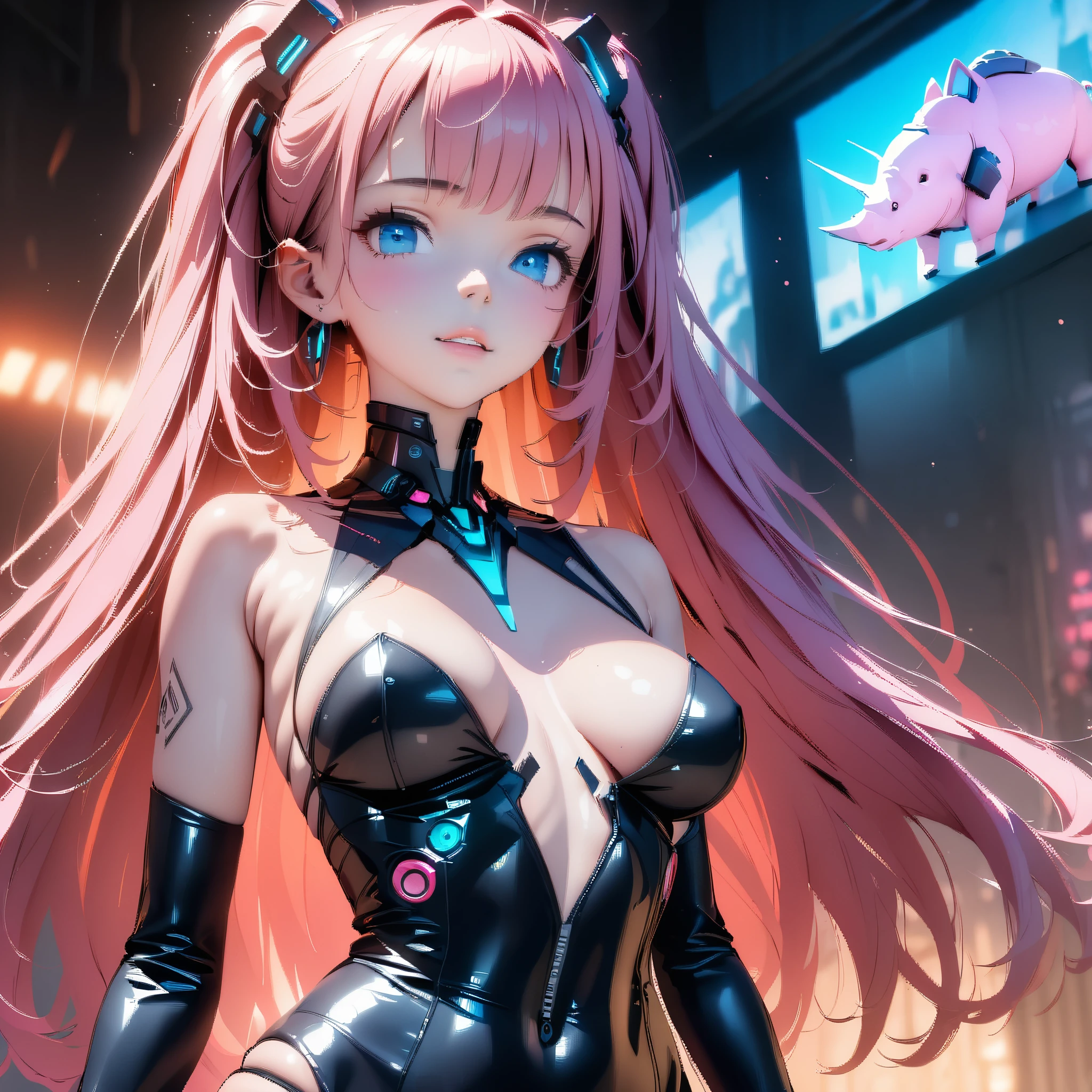 ((Very nice young girl in full height 16+))_((With pink hair, posing in black and pink clothes with a pink rhinoceros), (tanned skin, dark skin, seductive - hot stripper), (very sexy), (NSFW), (modern style, comics, cyberpunk, future, colored fill, rich colors))_((Very elegant, stands half-turned, athletic posture), (looks at the viewer). Tattoos on the body, fashionable short dress, devices on the body))_(( Strip club, city of the future, evening city, lights, illumination), (high image quality, Full HD), (cinematic comic, 3D visualization_in comic style - linear stroke, color fill, high-quality stroke - masterpiece), (TOP computer graphics ART) )_((Dark lighting, strong shading), (bright, anime, comic, creative, sharp focus, 8K))_(Highly detailed drawing, lines, high-quality background (shades of cool tones, red, warm highlights, side lighting), (Architecture, cyberpunk, futurism. Film grains, dust and particles in the air)).