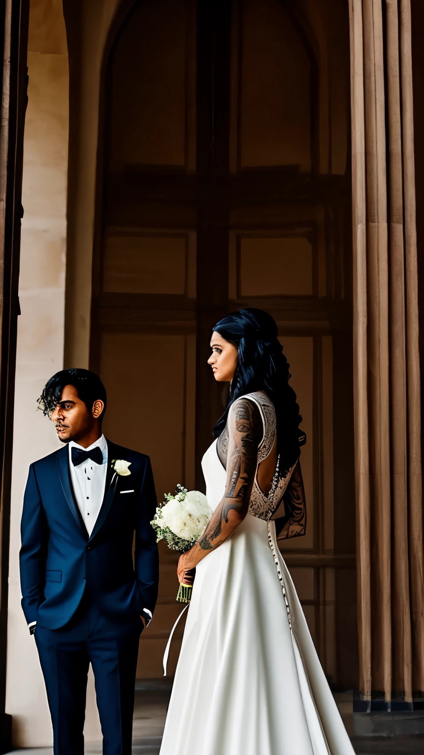 Wedding altar a short brown man with long straight black hair wearing a wedding dress facing away from a tall white man with straight black hair wearing a dark navy blue suit with a tattoo on his right hand