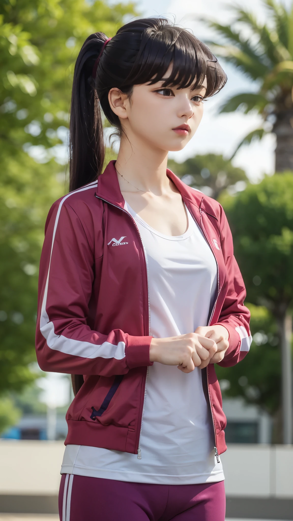 shokokomidef, purple hair, purple eyes, long hair,
looking at viewer, white shirt, red hairband, collarbone, outdoors, day, shirt, parted lips, swept bangs, headband, ponytail, gym uniform, tree, bangs, jacket, track jacket, upper body,
masterpiece, best quality,