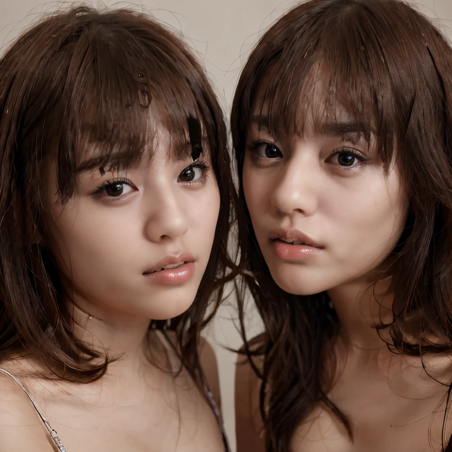 identical twin sisters kissing、highest quality, masterpiece, ultra high resolution, (realistic: 1.4), Raw photo, 1 girl, black hair, shiny skin, fine eyes, dramatic lighting, attractive performance, long bangs, cleanliness,