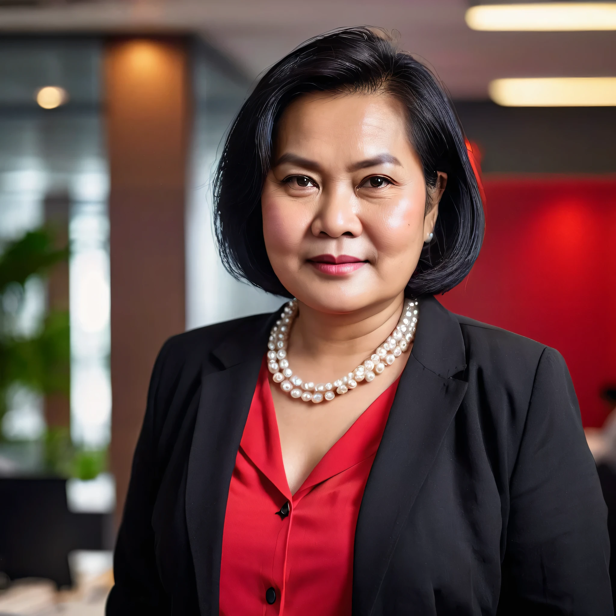 an endomorph 50 years chubby old indonesian lady with medium textured bob hair, wearing a formal shirt, black blazer, red t-shirt, black pants, and a pearl necklace. She is standing looking at the camera in a busy office, with a medium close-up centered angle, shallow depth of field, warm lighting, softbox lighting from the front, creating a creative mood.