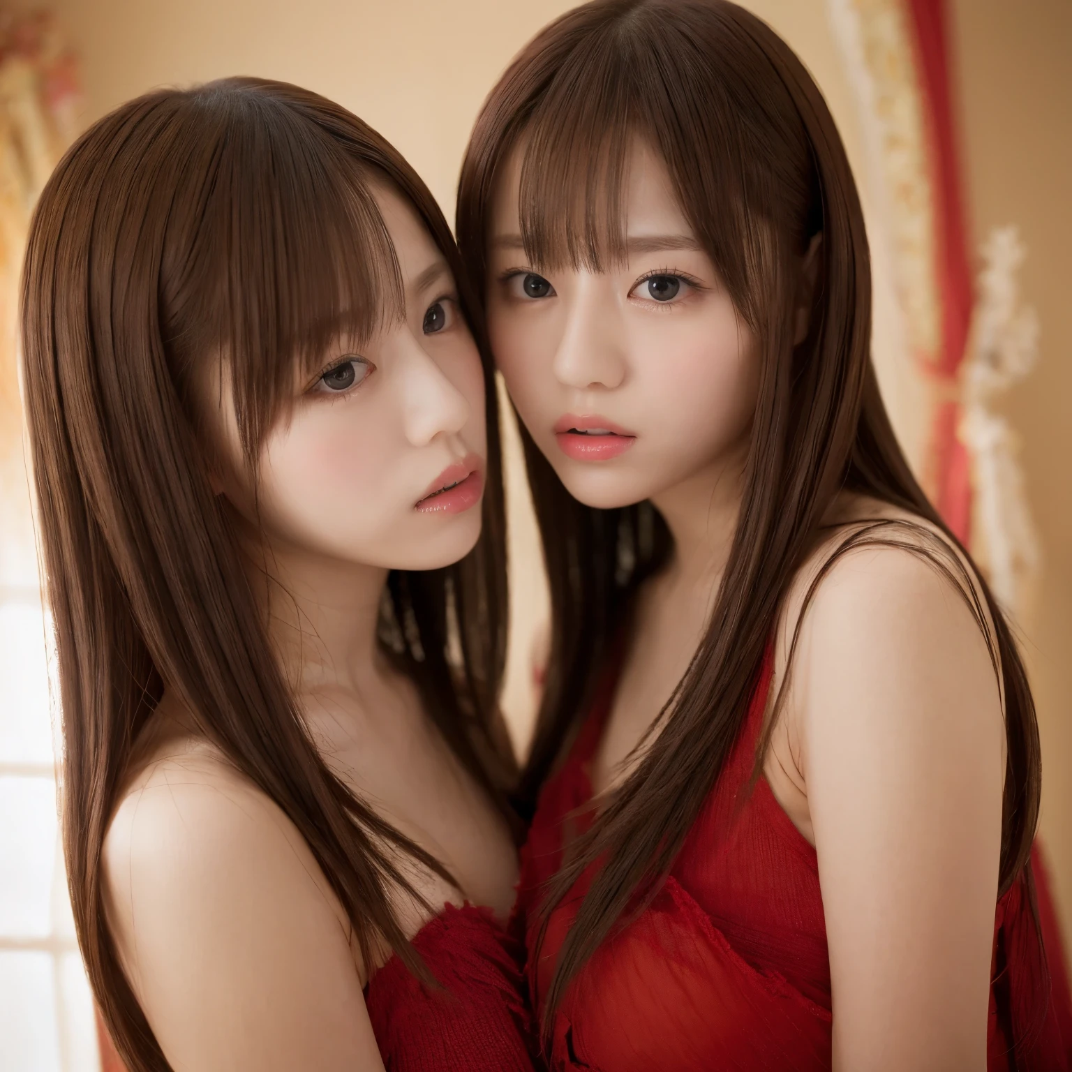 identical twin sisters kissing、highest quality, masterpiece, ultra high resolution, (realistic: 1.4), Raw photo, 1 girl, black hair, shiny skin, fine eyes, dramatic lighting, attractive performance, long bangs, cleanliness,