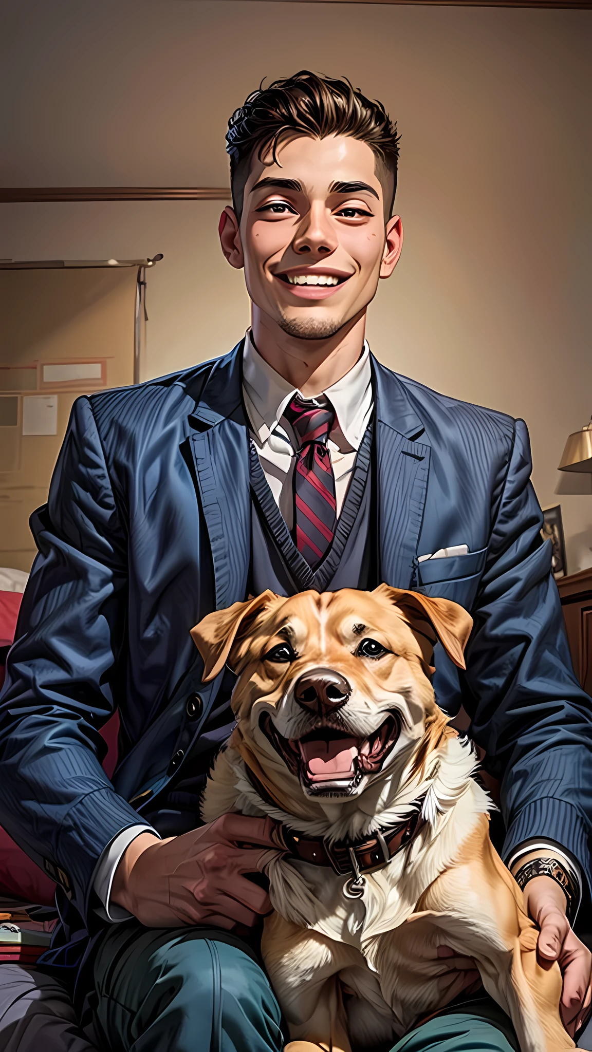 jovem o menino parece ter 20 anos, sorridente, com seu cachorro, no seu quarto