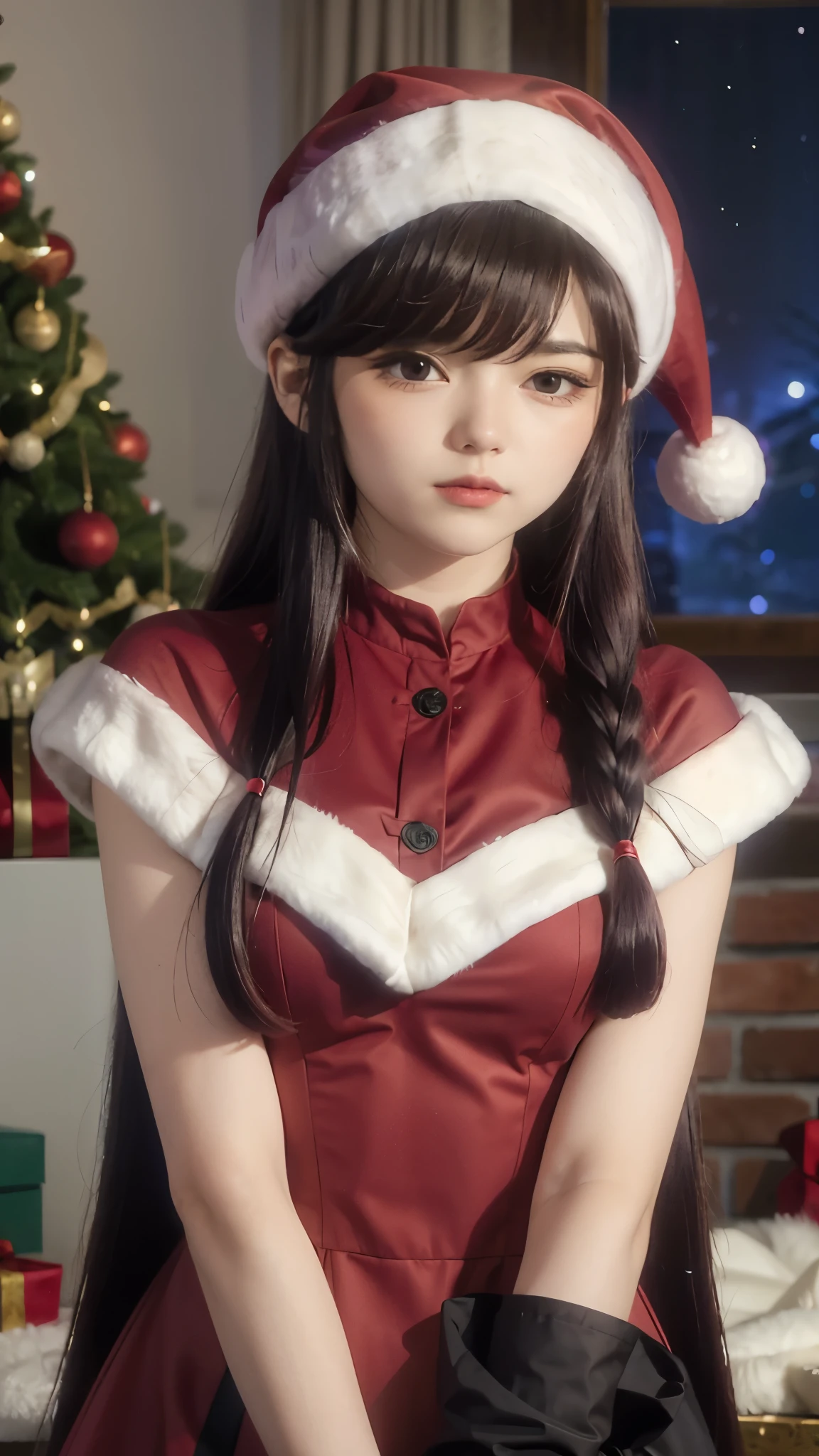 shokokomidef, purple hair, purple eyes, long hair,
blush, red capelet, christmas, santa dress, capelet, dress, fur-trimmed capelet, santa costume, santa hat, red dress, red headwear, bangs, breasts, fur-trimmed dress, hat, fur trim, upper body,
masterpiece, best quality,