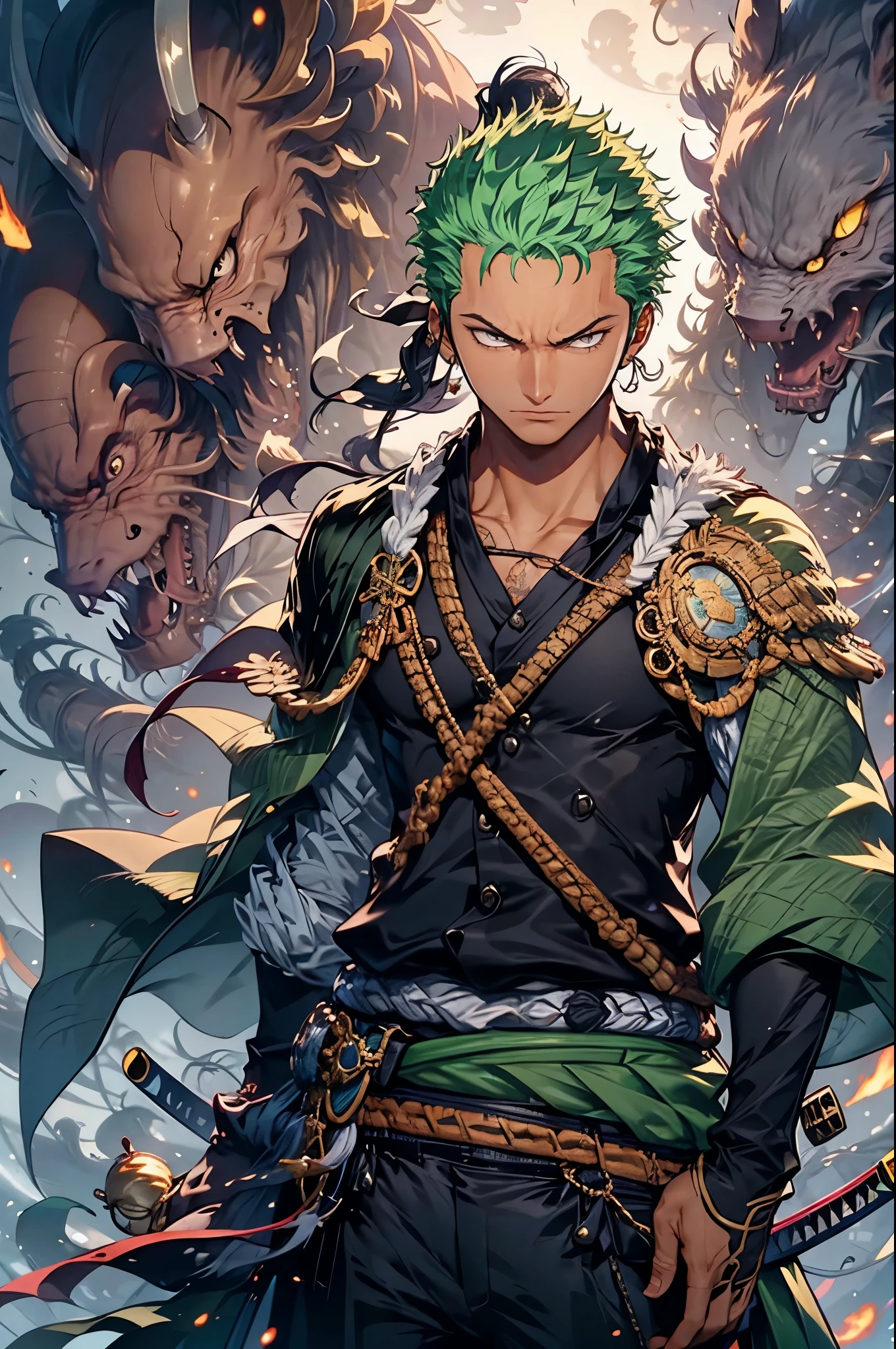 Zoro, sozinho, Olhando para o Viewer, sorrir, short hair, olhos vermelhos, class 1, propriedade, jewelry, parte superior do corpo, arma, Foco masculino, Brincos, Roupas japonesas, cabelos verdes, Chifres, espada, quimono, segurando arma , de lado, tatuagem, brilhante, cicatriz, segurando espada, Katana, cicatriz no rosto, cicatriz no olho, Detailed muscle physics, photorealistic representation, 4k resolution. The dark background has a green fire effect