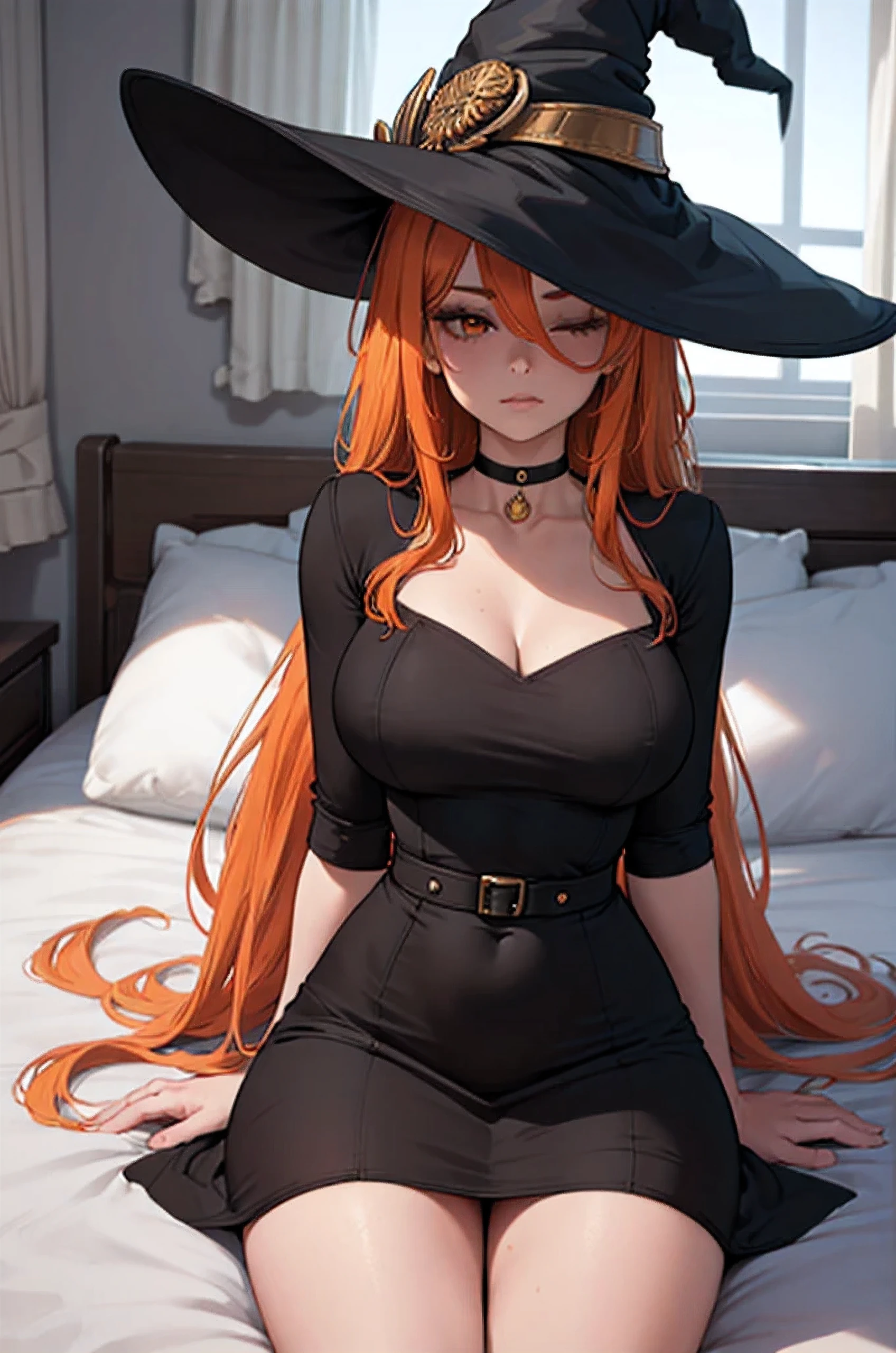 ((altamente detalhado, 8k, obra de arte)), 1 garota, (beautiful lighting:1.3), dynamic lighting, ((hat hiding eyes)), ((cabelo laranja)), ((cabelo muito comprido)), rosto fofo:1.5, ((cabelo muito cacheado)), ((vestindo roupas de vestido preto)), lar, quarto, (((pale skin))), (((foco solo))), ((gargantilha)), ((seios gigantes)), ((franja)), ((sentado na cama)), ((corpo perfeito:1.2, perfect arms, perfect hands)), fechar-se, ((giant hat)), ((witch's hat)), ((garota magra))