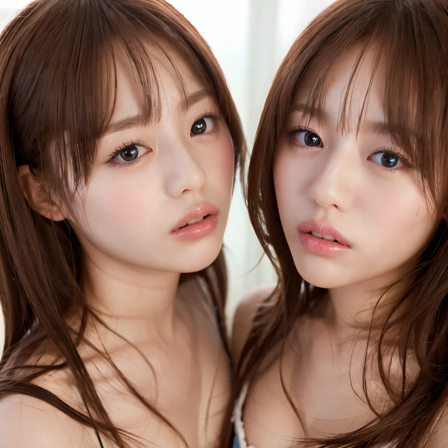 identical twin sisters kissing、highest quality, masterpiece, ultra high resolution, (realistic: 1.4), Raw photo, 1 girl, black hair, shiny skin, fine eyes, dramatic lighting, attractive performance, long bangs, cleanliness,