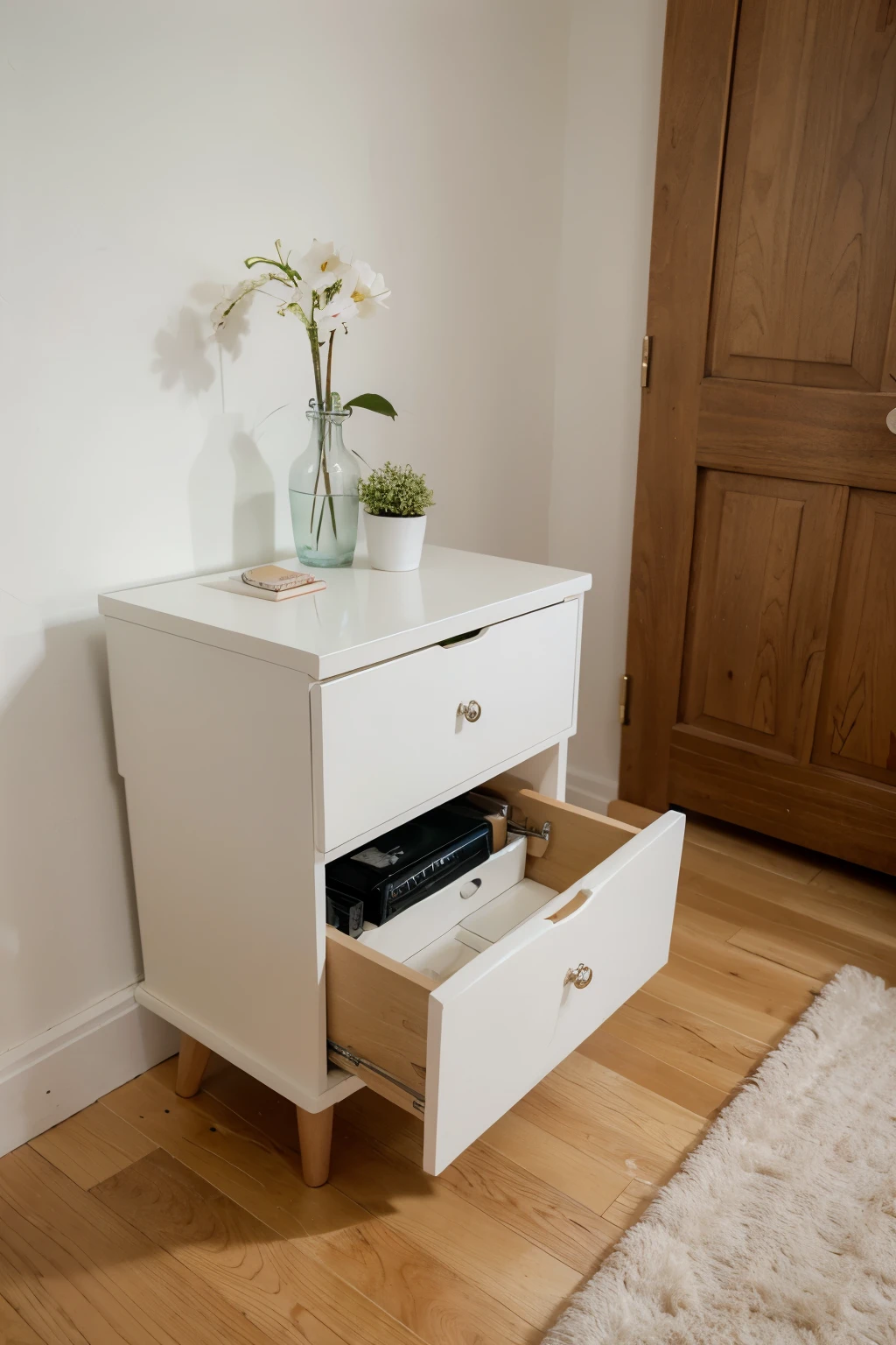 Make a bedside table with 2 drawers and a niche above them, em mdf branco de 18mm 